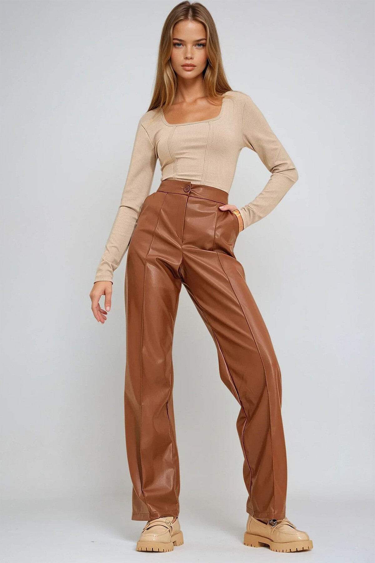 Taba Önü Çimalı Çift Cepli Suni Deri Palazzo Pantolon