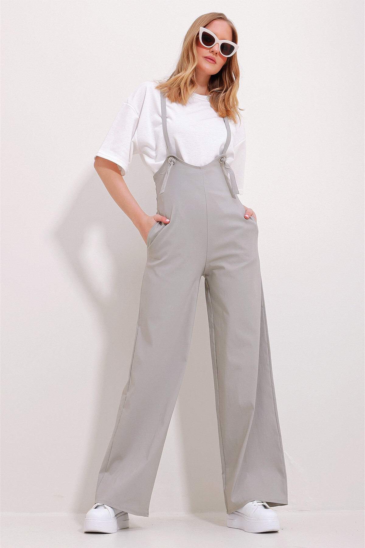 Taş Çift Cepli Askılı Likralı Salopet Tulum