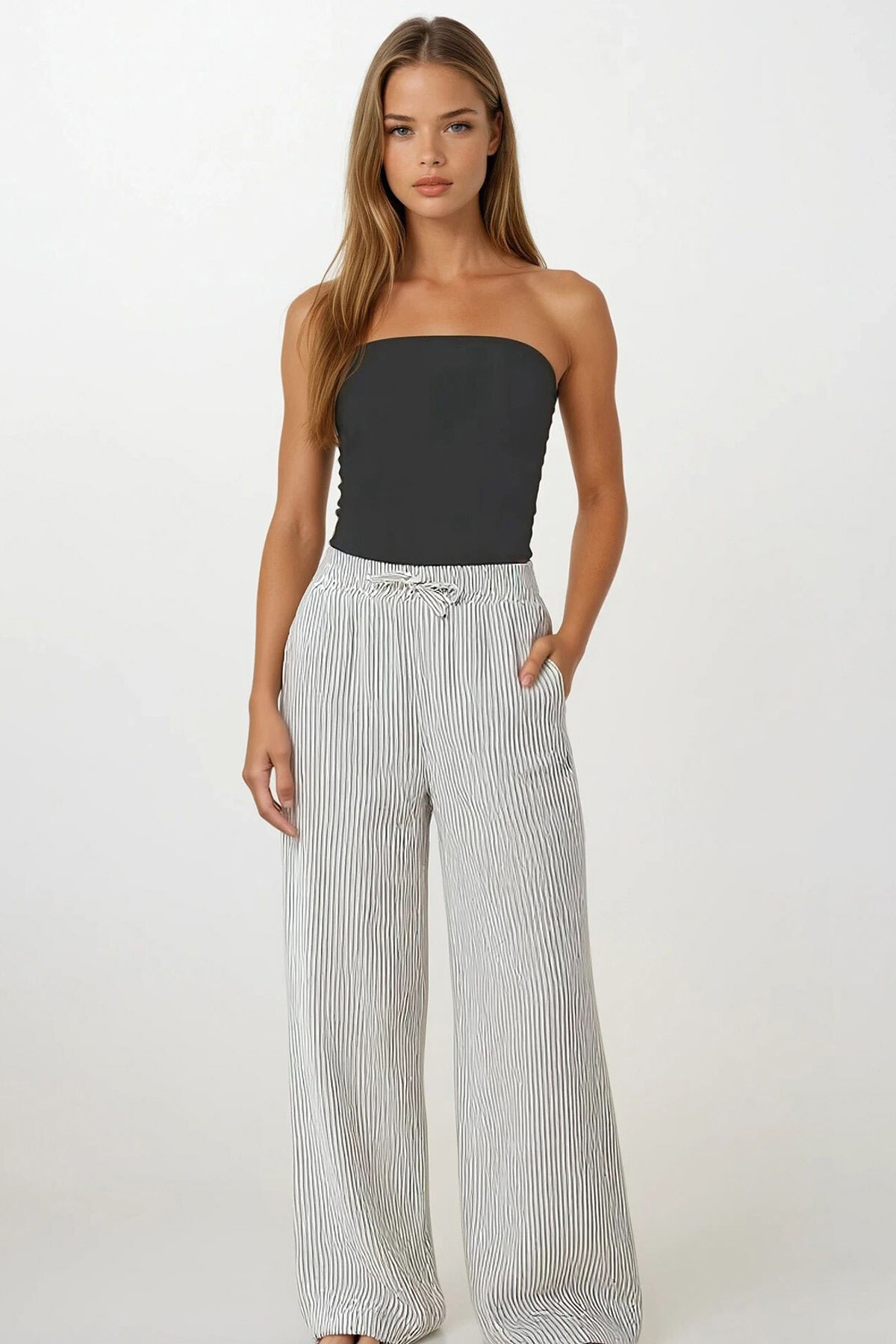Taş Çift Cepli Çizgili Müslin Palazzo Pantolon