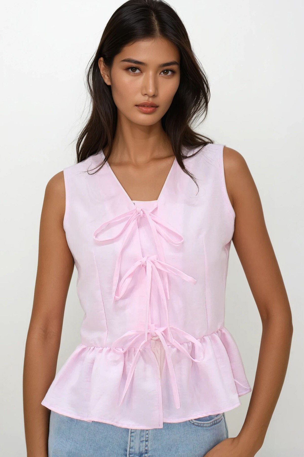 Toz Pembe V Yaka Fiyonk Detaylı Eteği Volanlı Aerobin Bluz