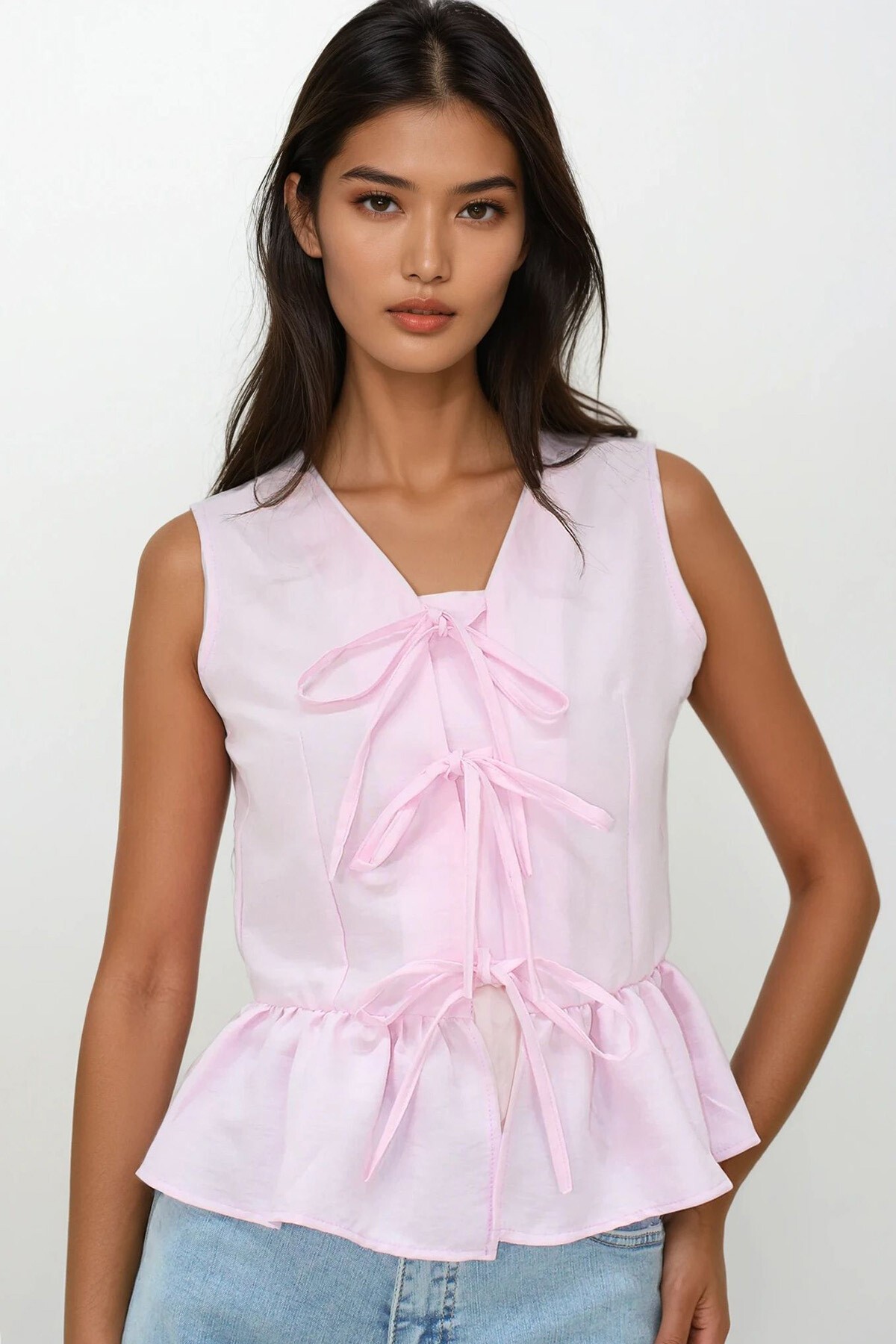 Toz Pembe V Yaka Fiyonk Detaylı Eteği Volanlı Aerobin Bluz