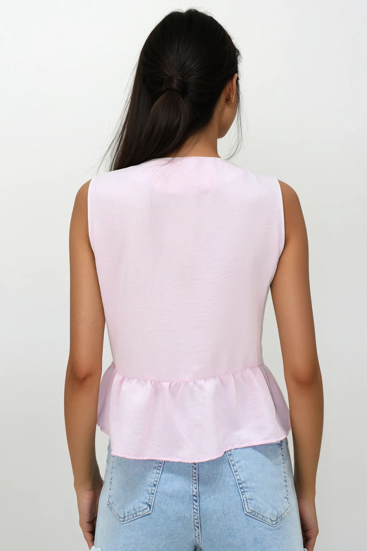 Toz Pembe V Yaka Fiyonk Detaylı Eteği Volanlı Aerobin Bluz