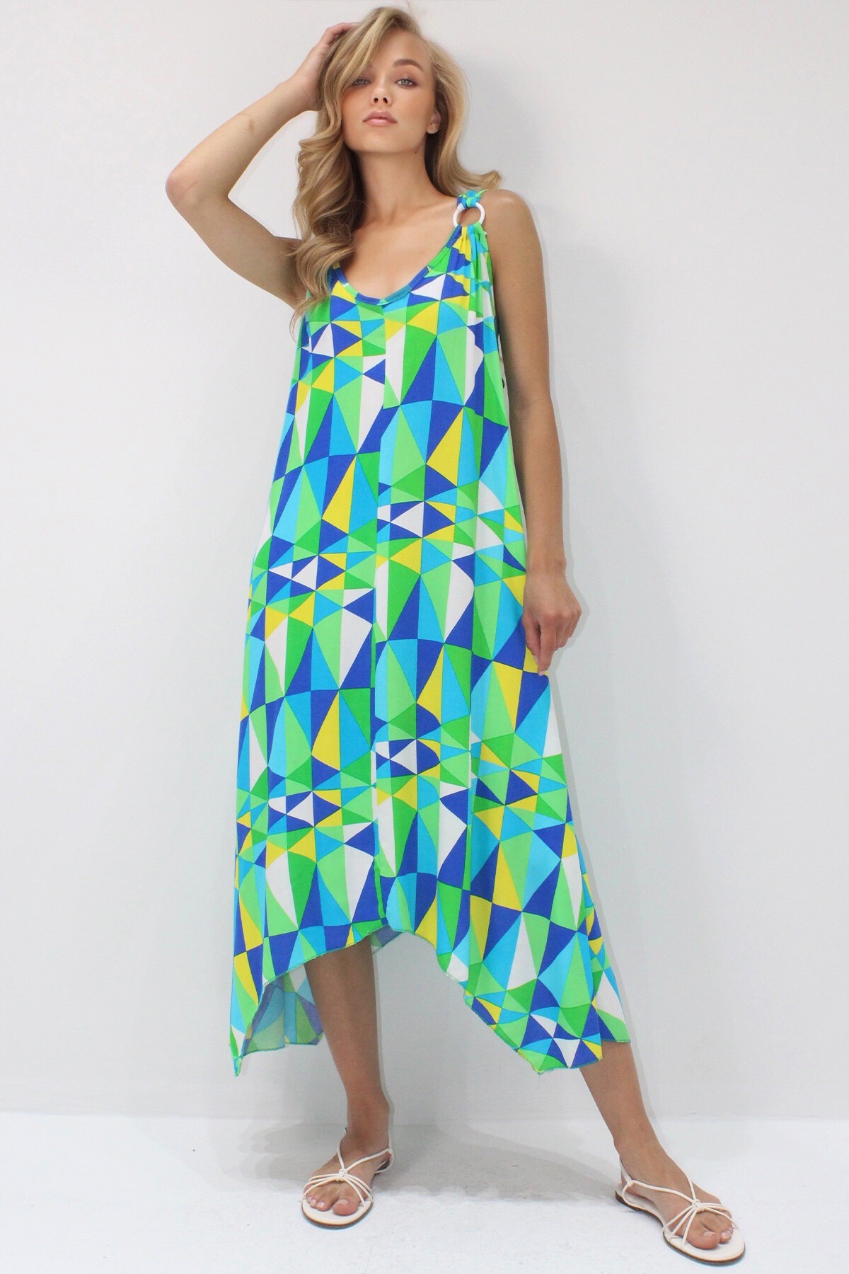 Turkuaz Mavi Asimetrik Kesim Askılı Halka Detaylı Rahat Kalıp Dokuma Viskon Elbise