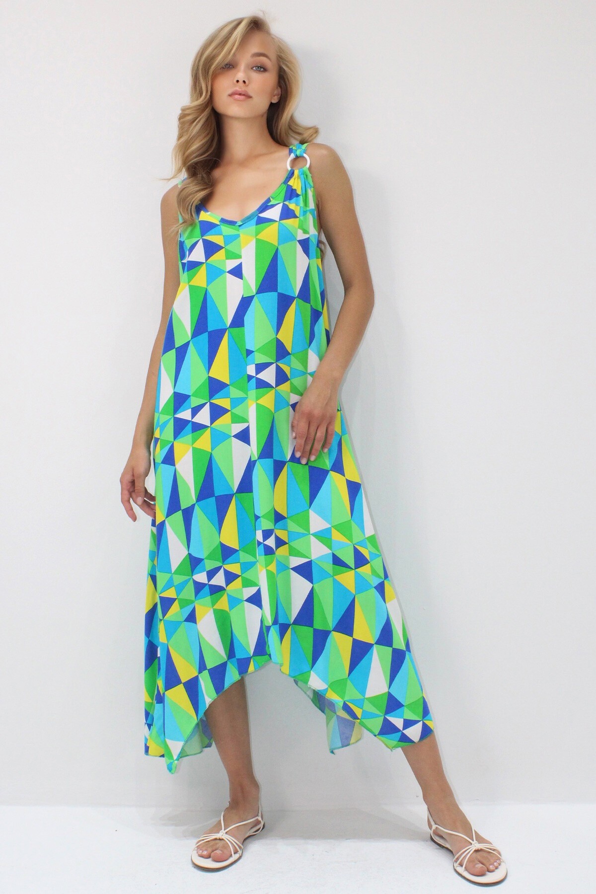 Turkuaz Mavi Asimetrik Kesim Askılı Halka Detaylı Rahat Kalıp Dokuma Viskon Elbise