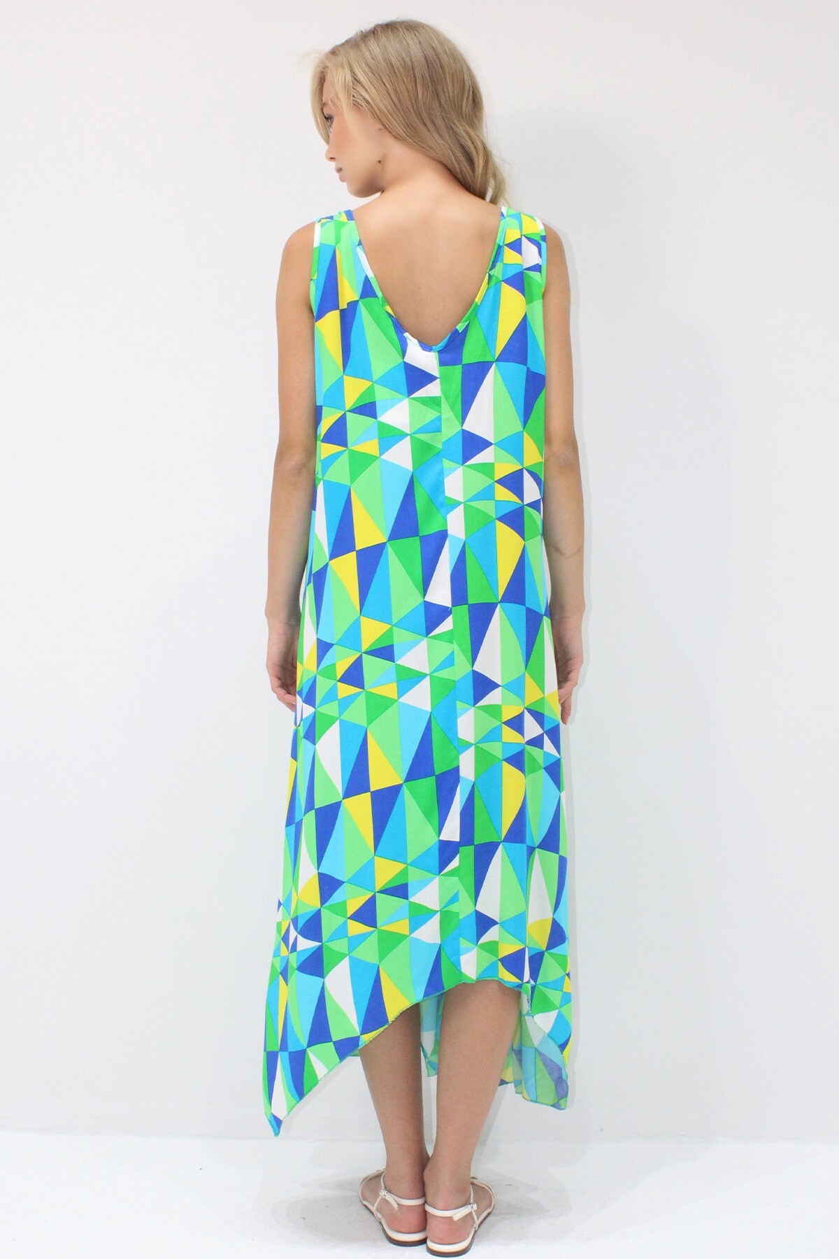 Turkuaz Mavi Asimetrik Kesim Askılı Halka Detaylı Rahat Kalıp Dokuma Viskon Elbise