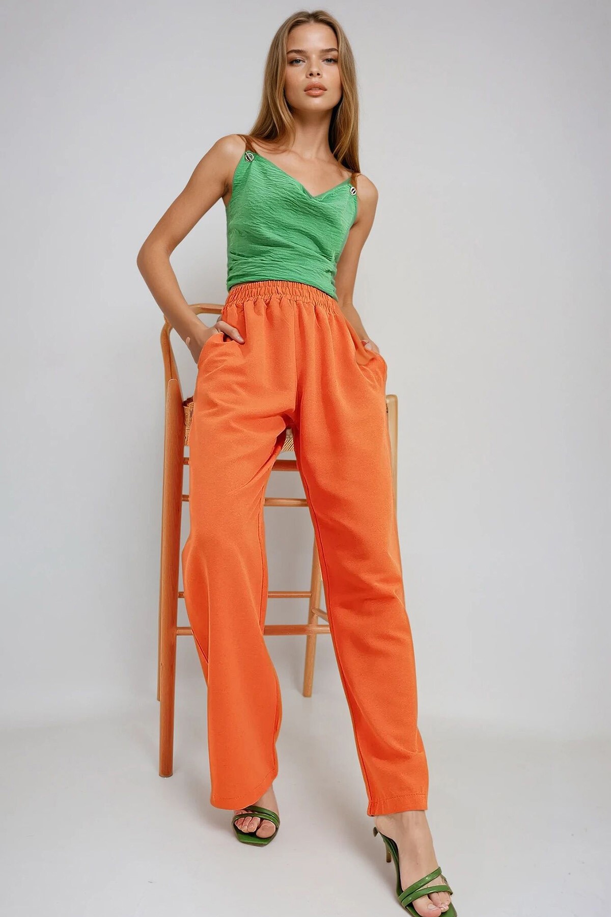 Turuncu Beli Lastikli Çift Cepli Palazzo Keten Pantolon