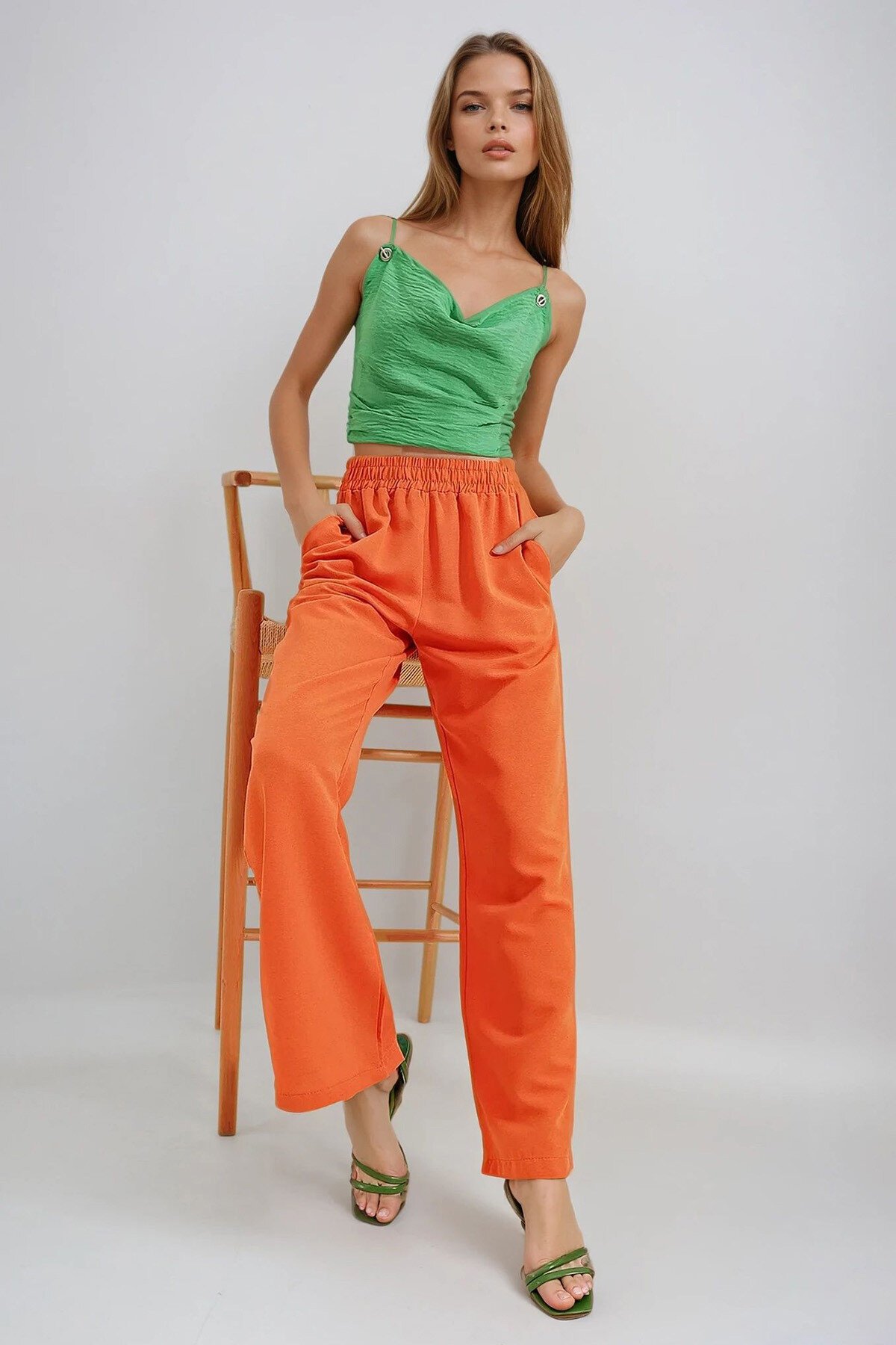 Turuncu Beli Lastikli Çift Cepli Palazzo Keten Pantolon