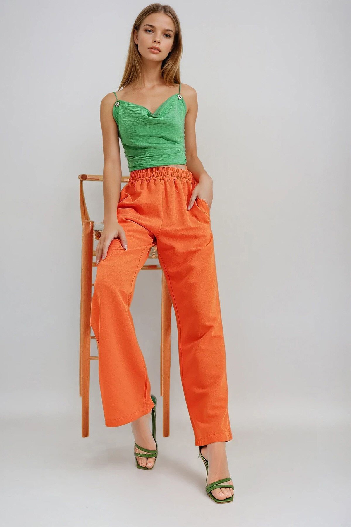 Turuncu Beli Lastikli Çift Cepli Palazzo Keten Pantolon