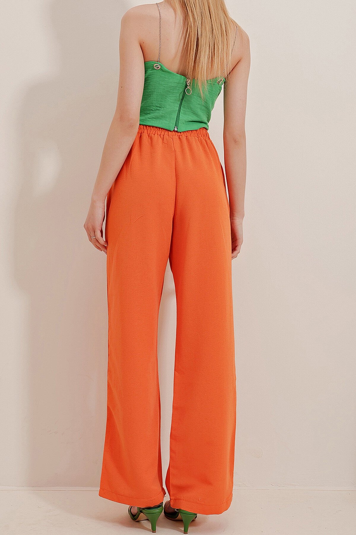 Turuncu Beli Lastikli Çift Cepli Palazzo Keten Pantolon