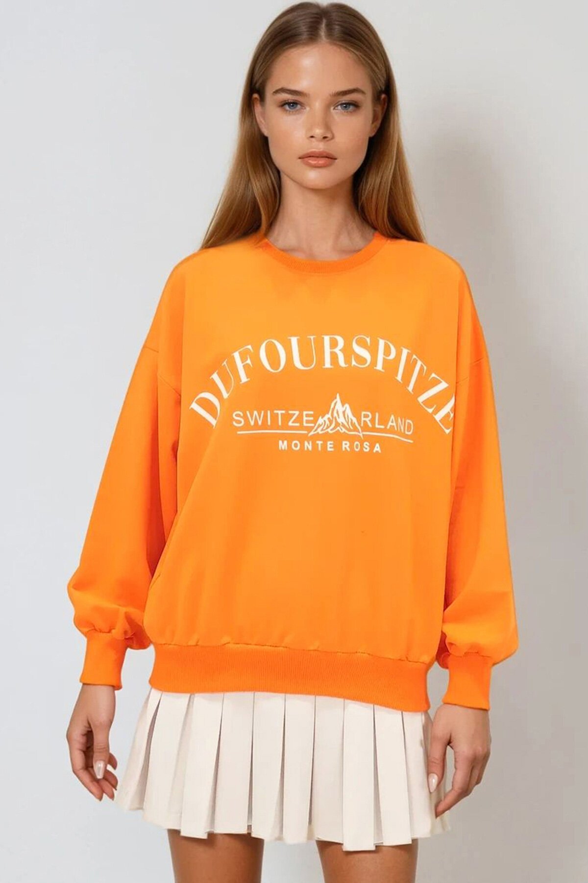 Turuncu Bisiklet Yaka Yazı Baskılı Oversize Sweatshirt