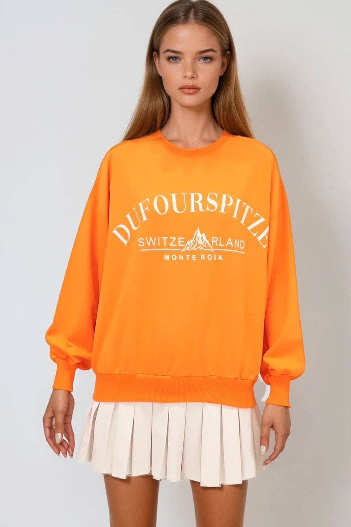 Turuncu Bisiklet Yaka Yazı Baskılı Oversize Sweatshirt