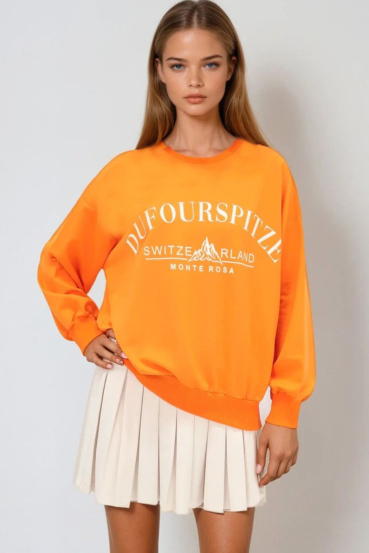 Turuncu Bisiklet Yaka Yazı Baskılı Oversize Sweatshirt