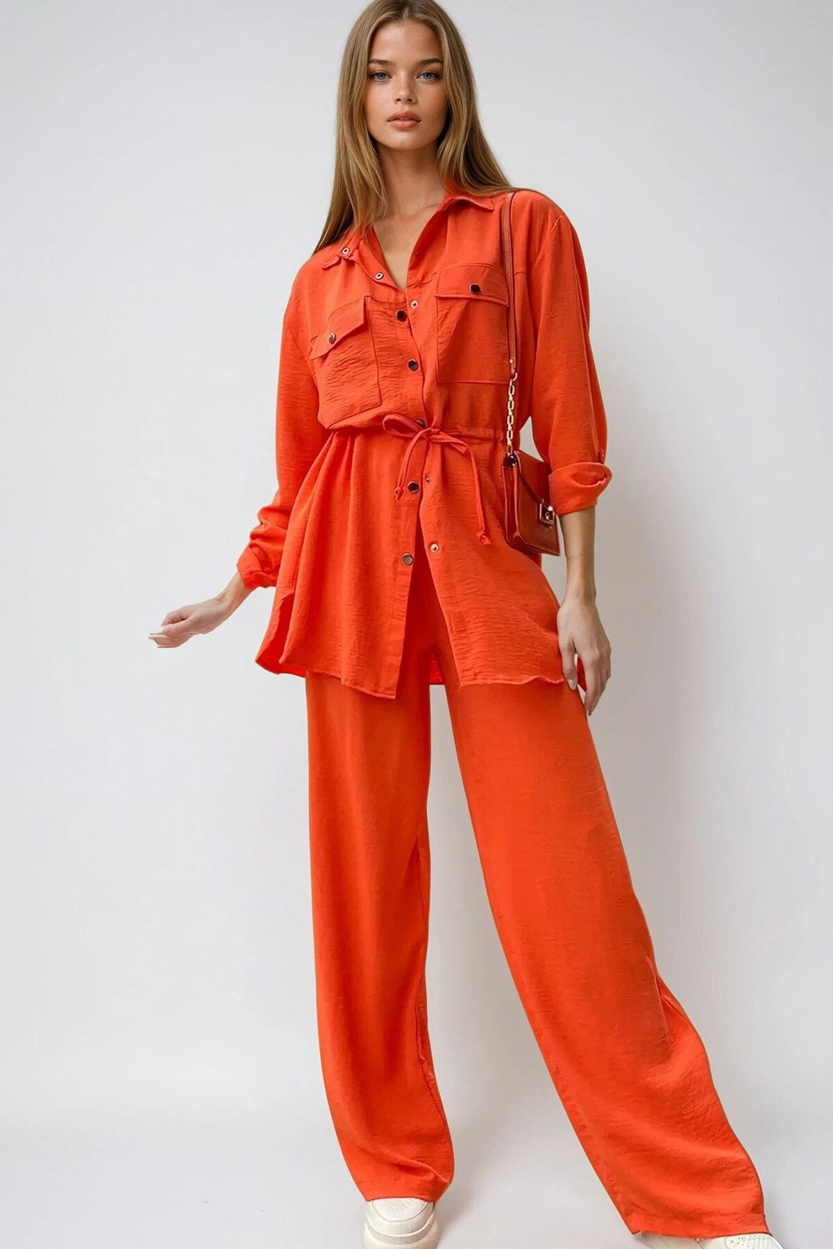 Turuncu Çift Cepli Safari Ceket Ve Beli Lastikli Wide Leg Aerobin Pantolonlu Takım