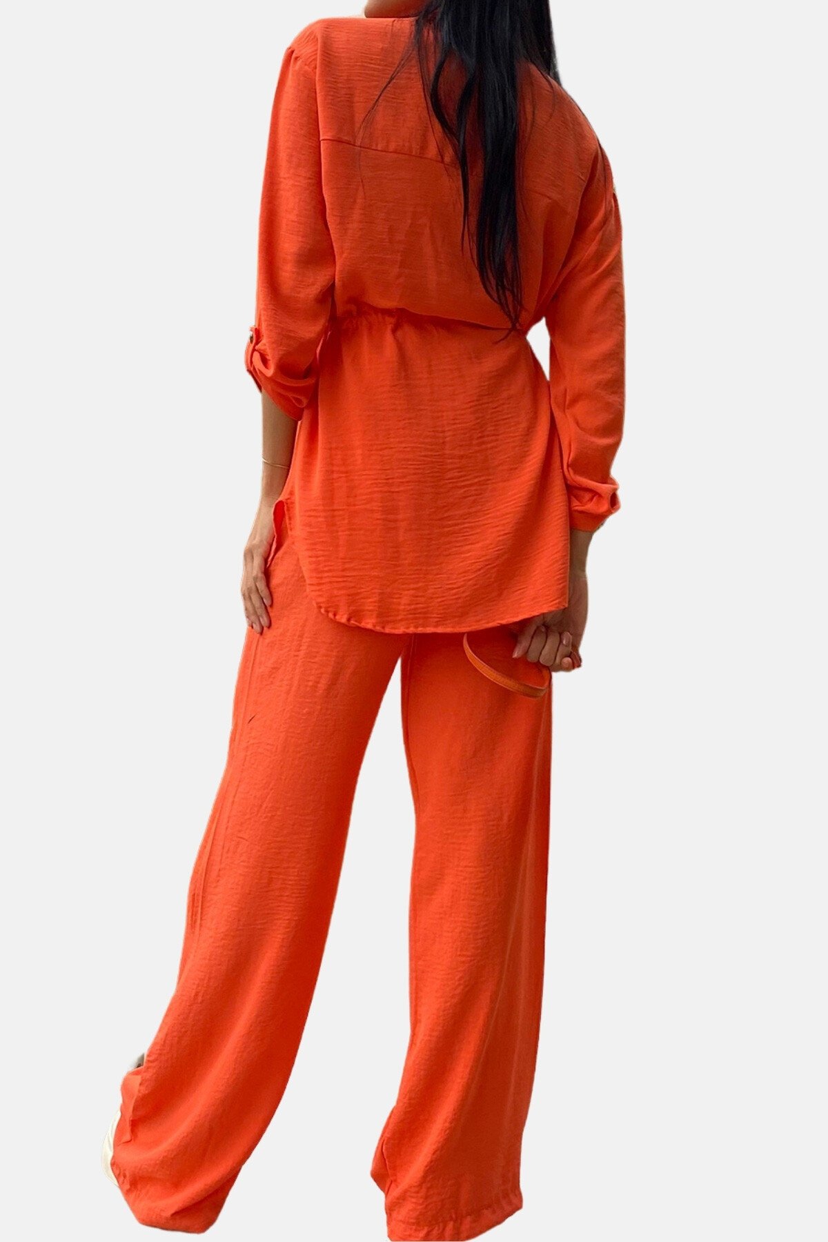 Turuncu Çift Cepli Safari Ceket Ve Beli Lastikli Wide Leg Aerobin Pantolonlu Takım
