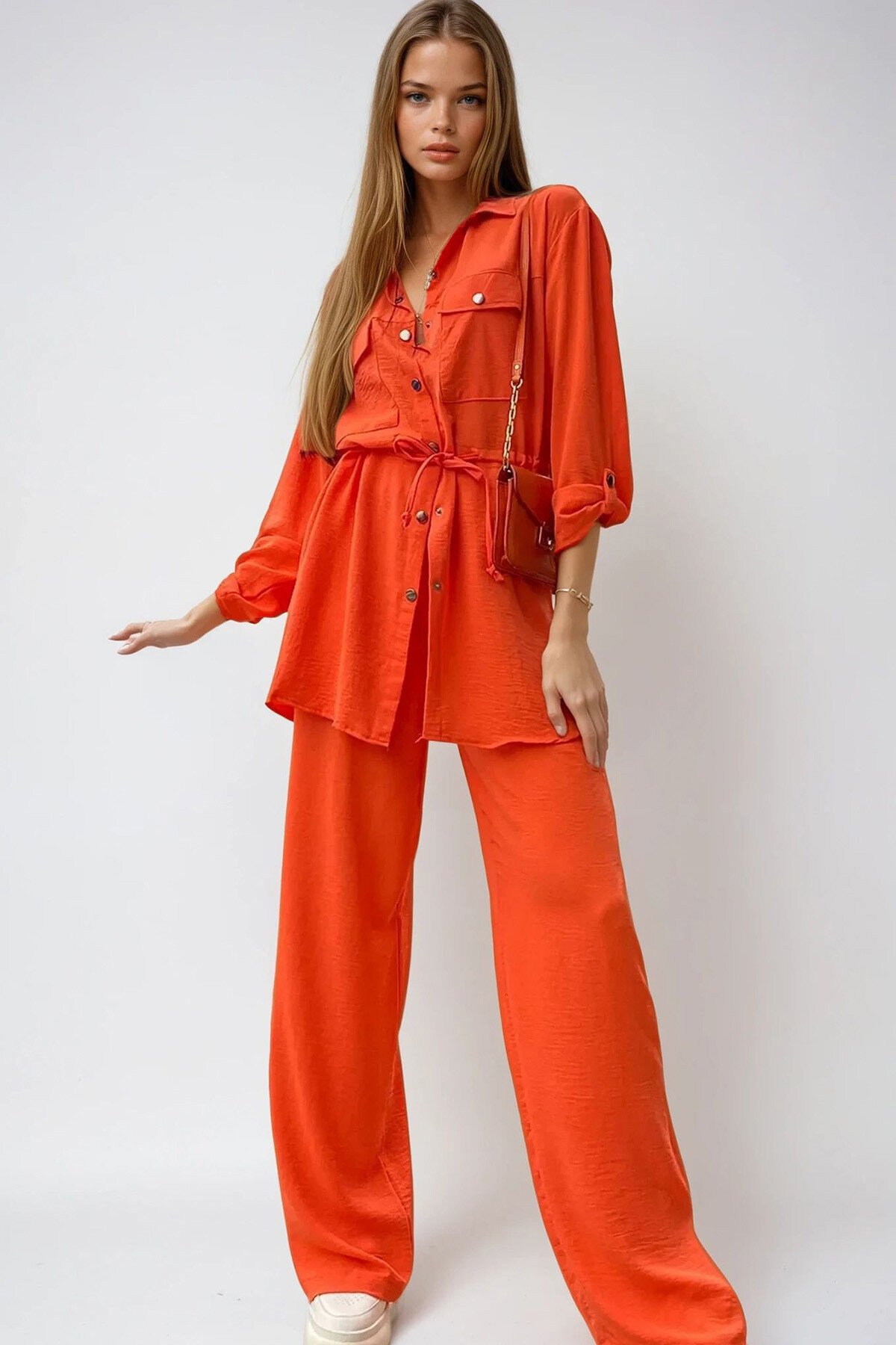 Turuncu Çift Cepli Safari Ceket Ve Beli Lastikli Wide Leg Aerobin Pantolonlu Takım