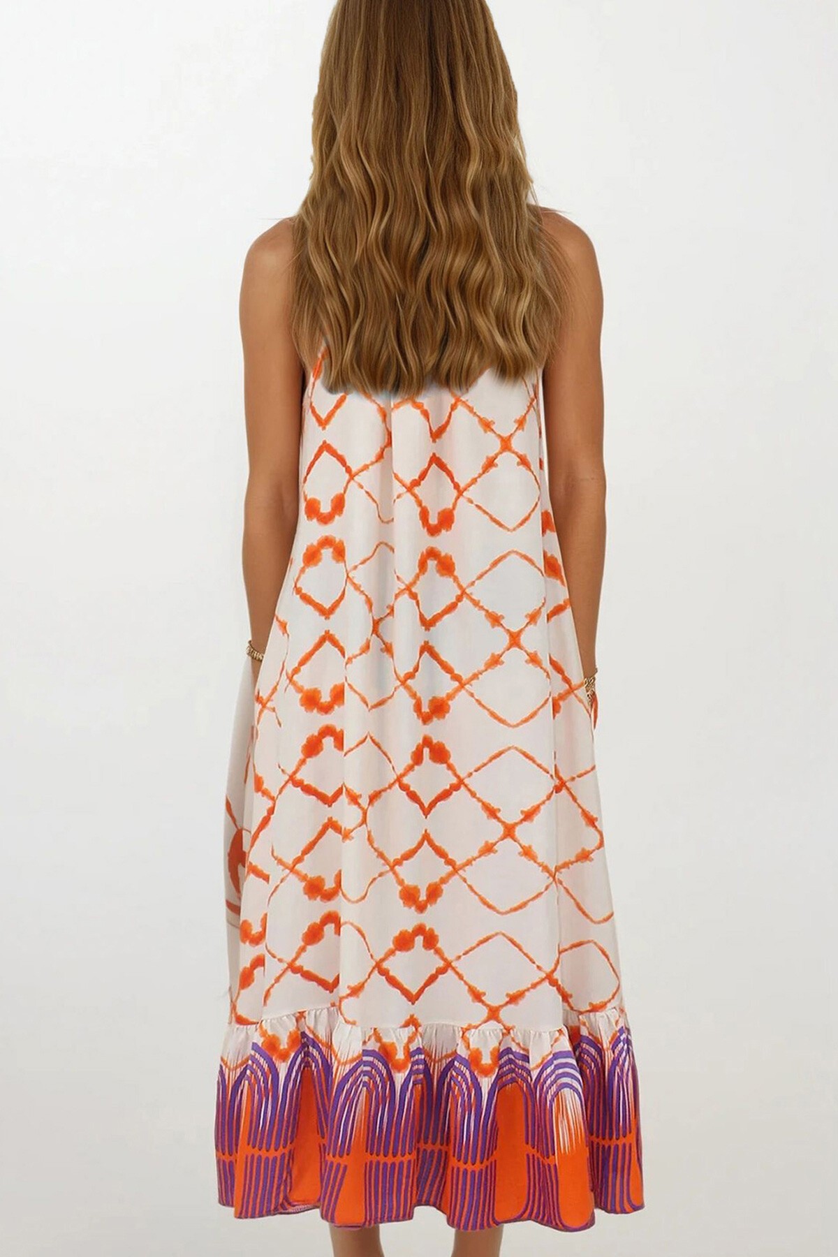 Turuncu Desenli  Bağlamalı Eteği Fileli Maxi Boy Çift Cepli Elbise Elbise