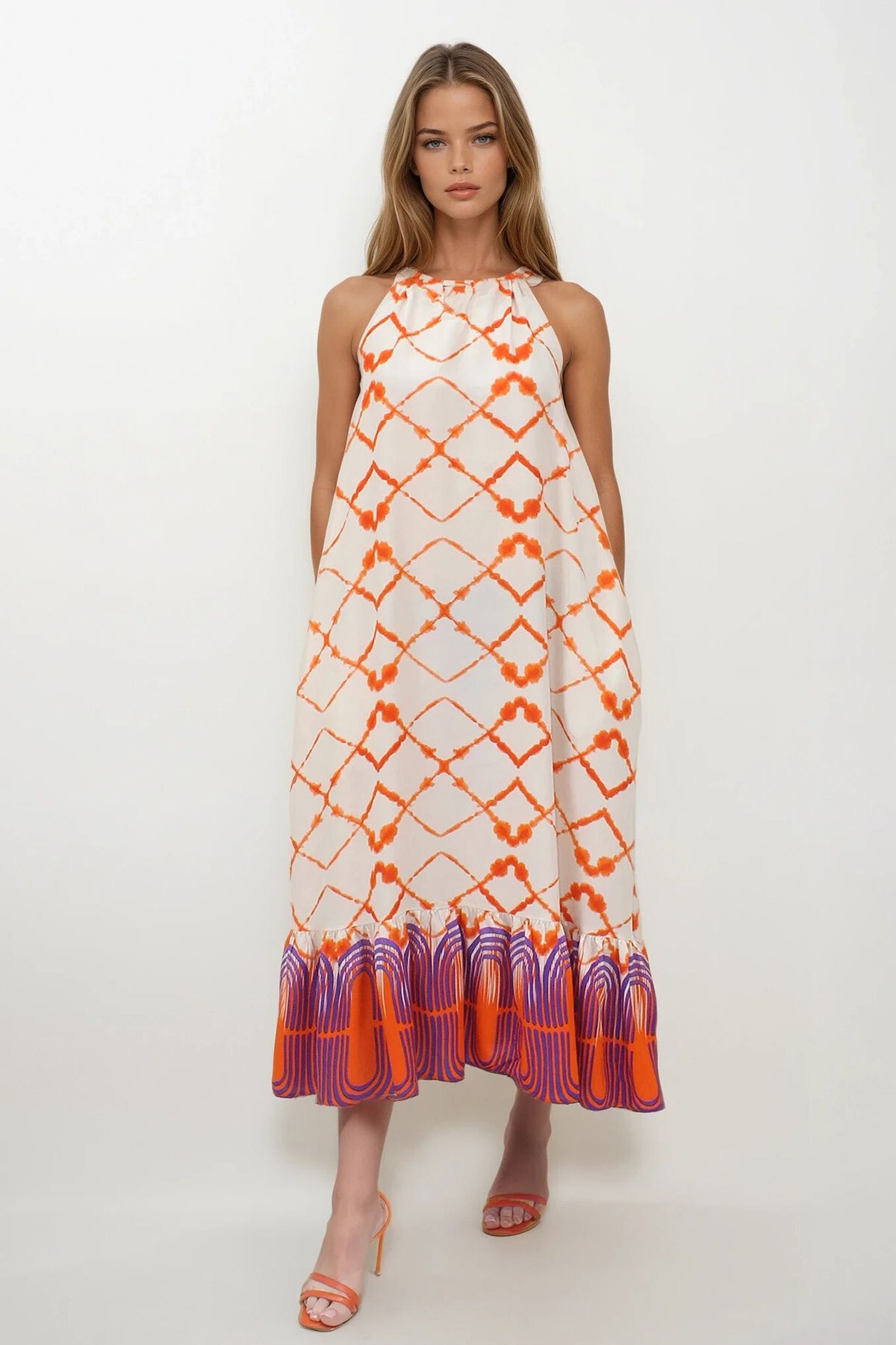 Turuncu Desenli  Bağlamalı Eteği Fileli Maxi Boy Çift Cepli Elbise Elbise