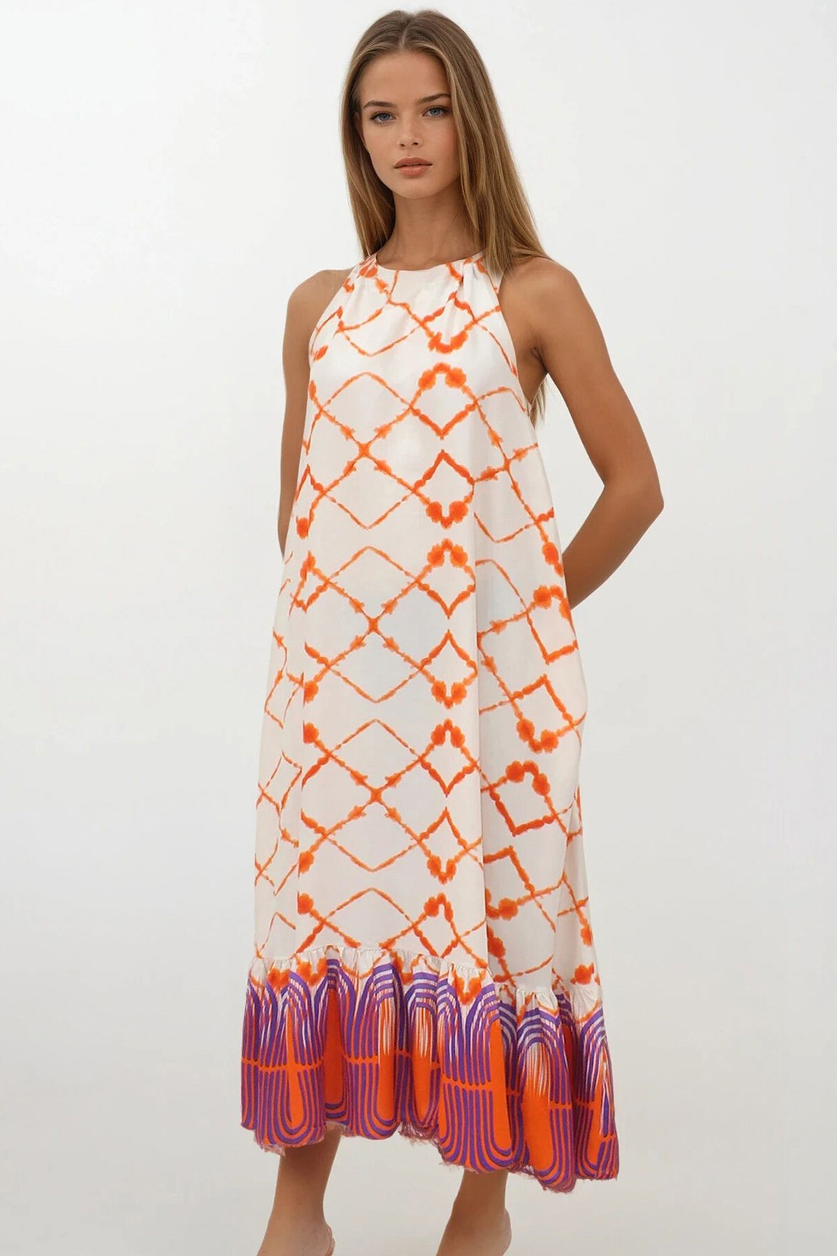 Turuncu Desenli  Bağlamalı Eteği Fileli Maxi Boy Çift Cepli Elbise Elbise