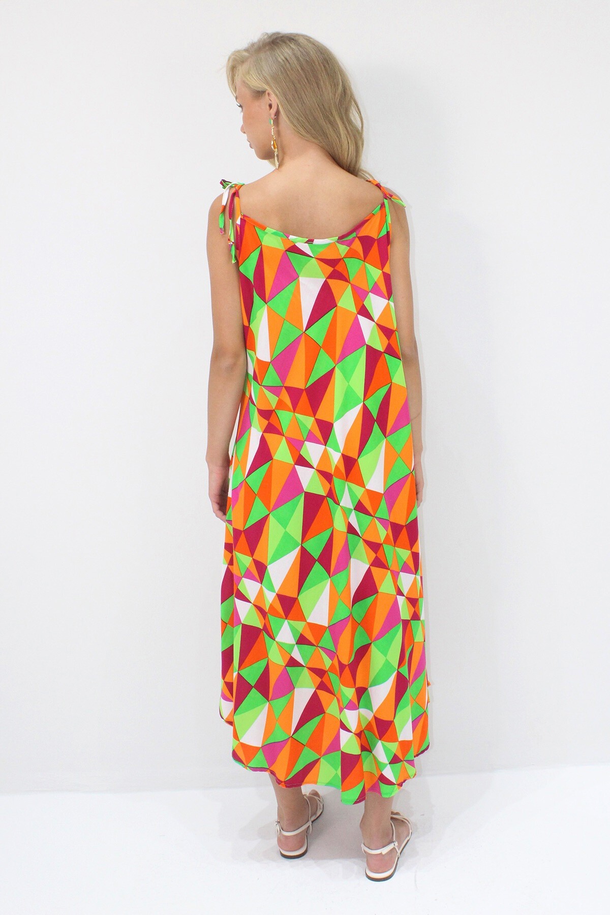 Turuncu İp Askılı Çok Renkli Midi Boy Dokuma Viskon Elbise