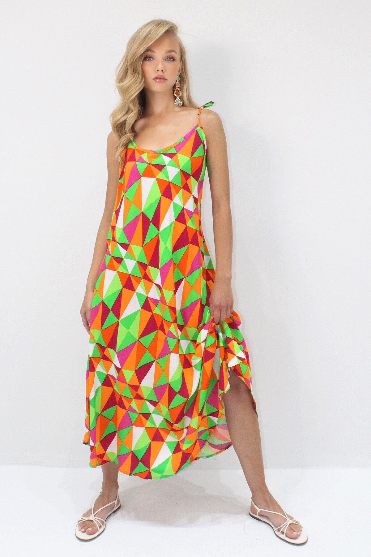 Turuncu İp Askılı Çok Renkli Midi Boy Dokuma Viskon Elbise