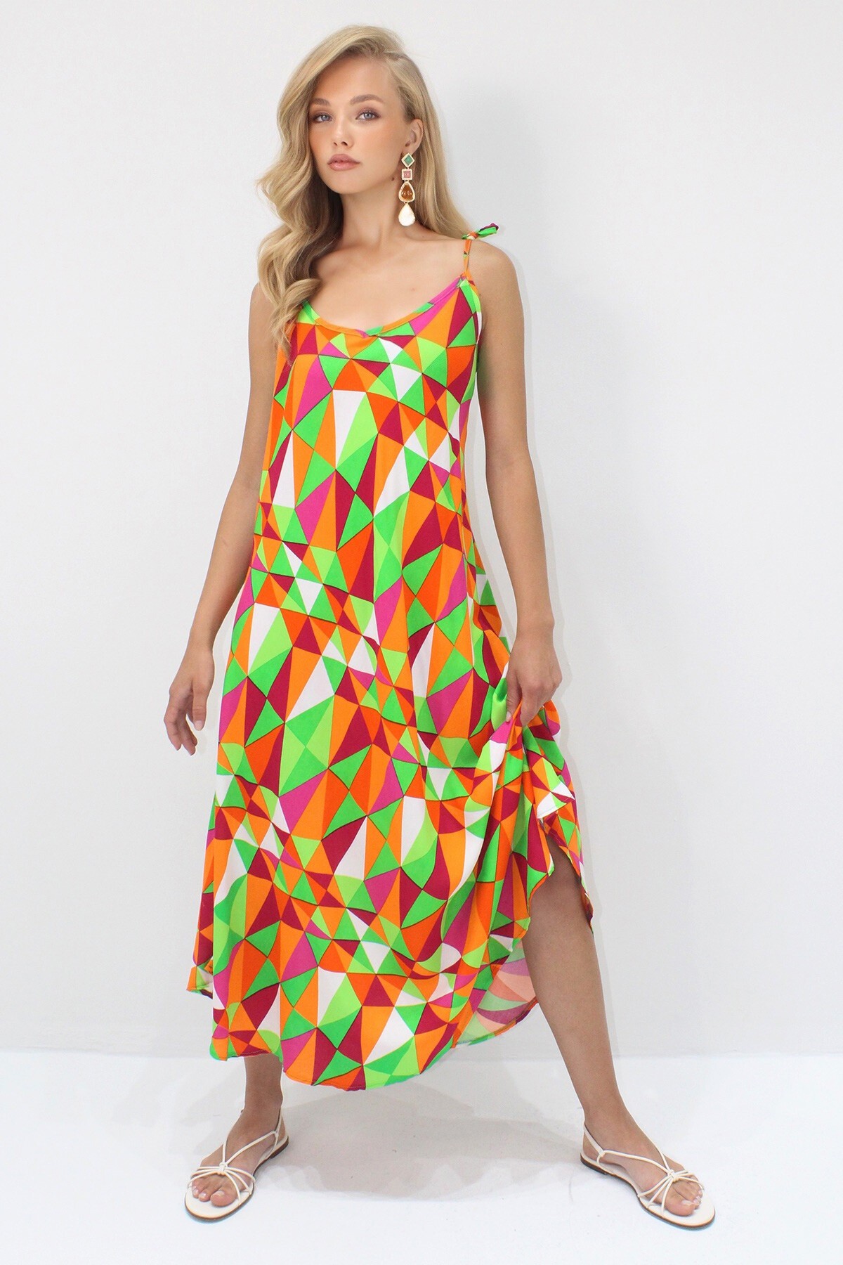 Turuncu İp Askılı Çok Renkli Midi Boy Dokuma Viskon Elbise