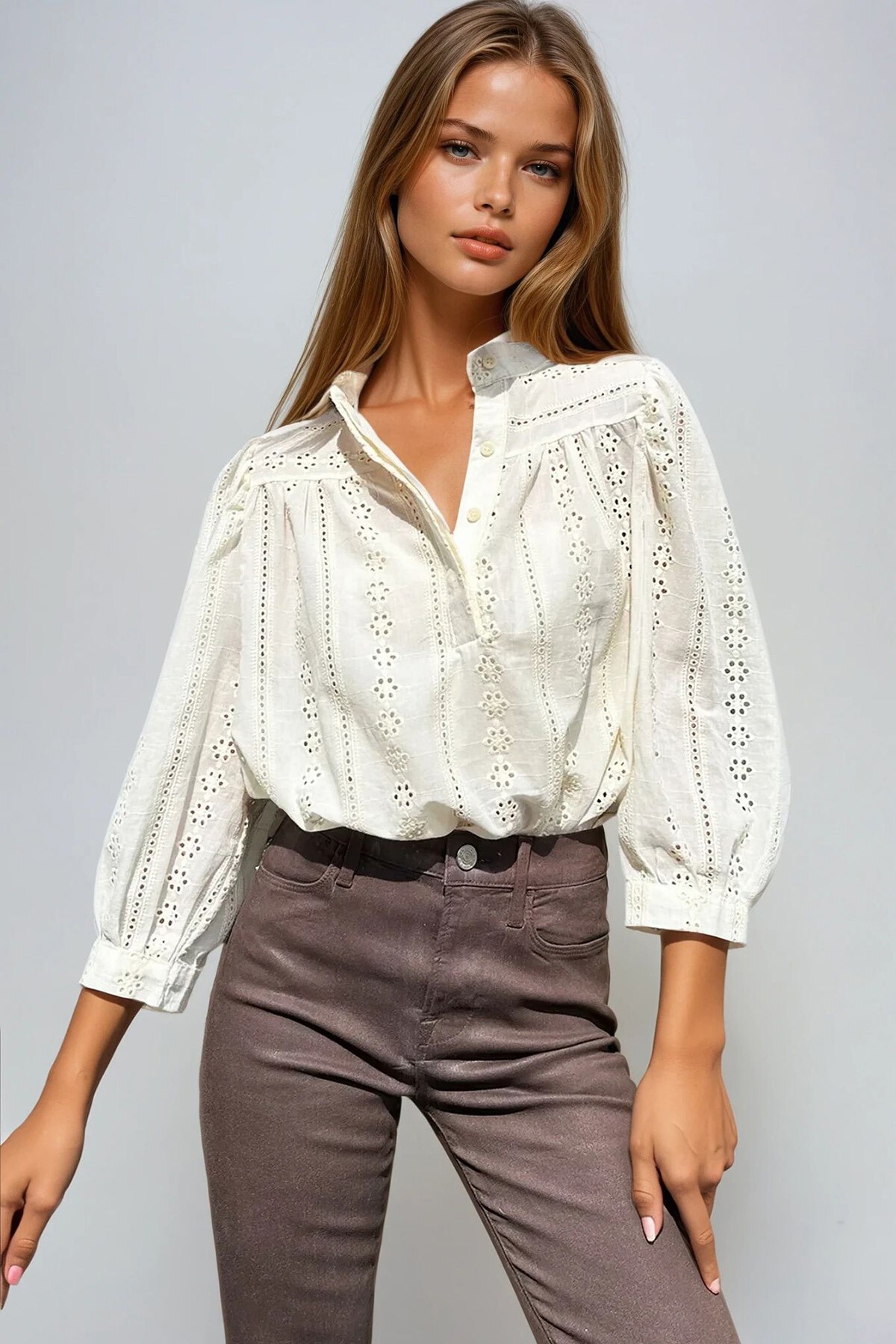 Vanilya Hakim Yaka Gizli Patlı Fisto Dokuma Bluz