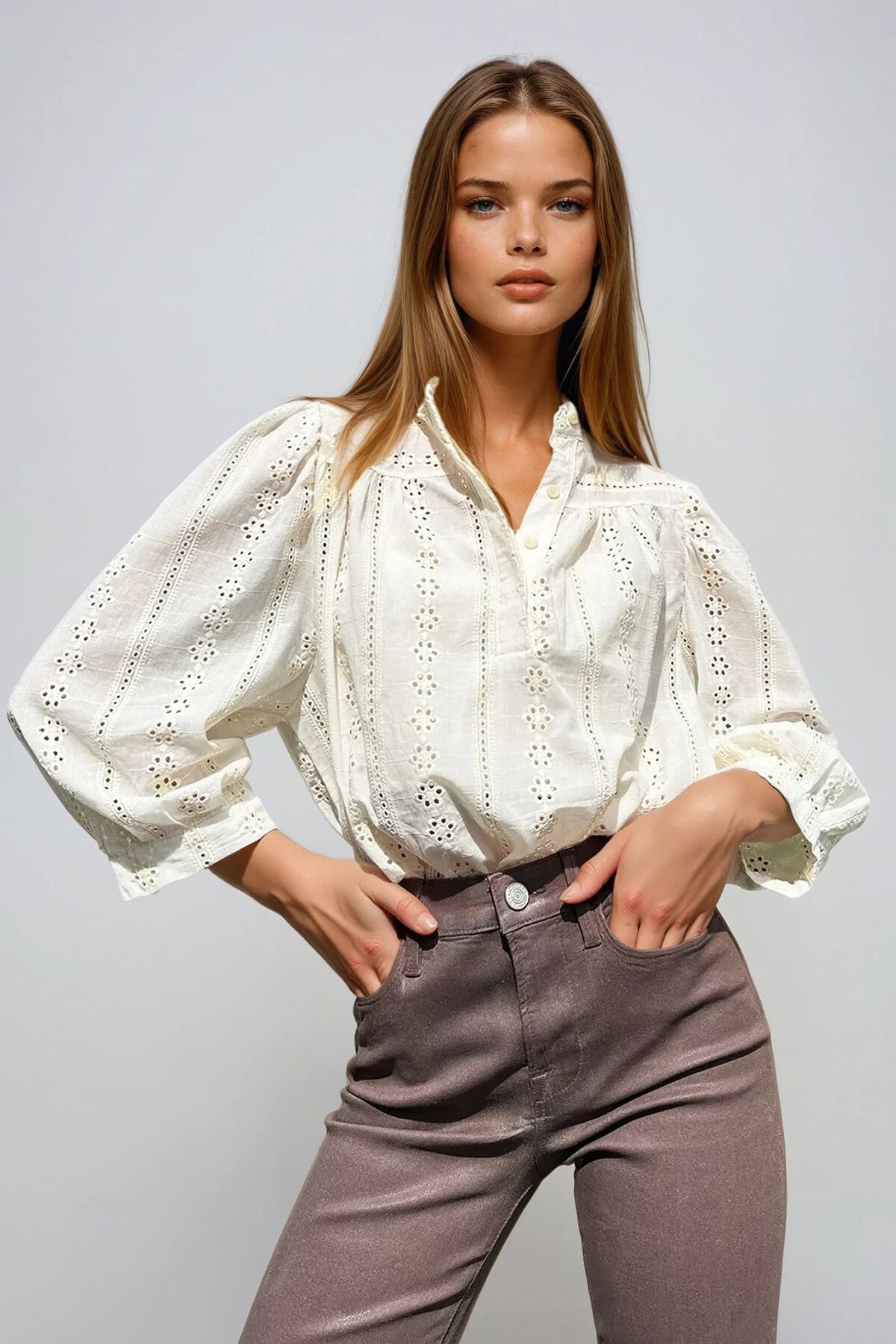 Vanilya Hakim Yaka Gizli Patlı Fisto Dokuma Bluz