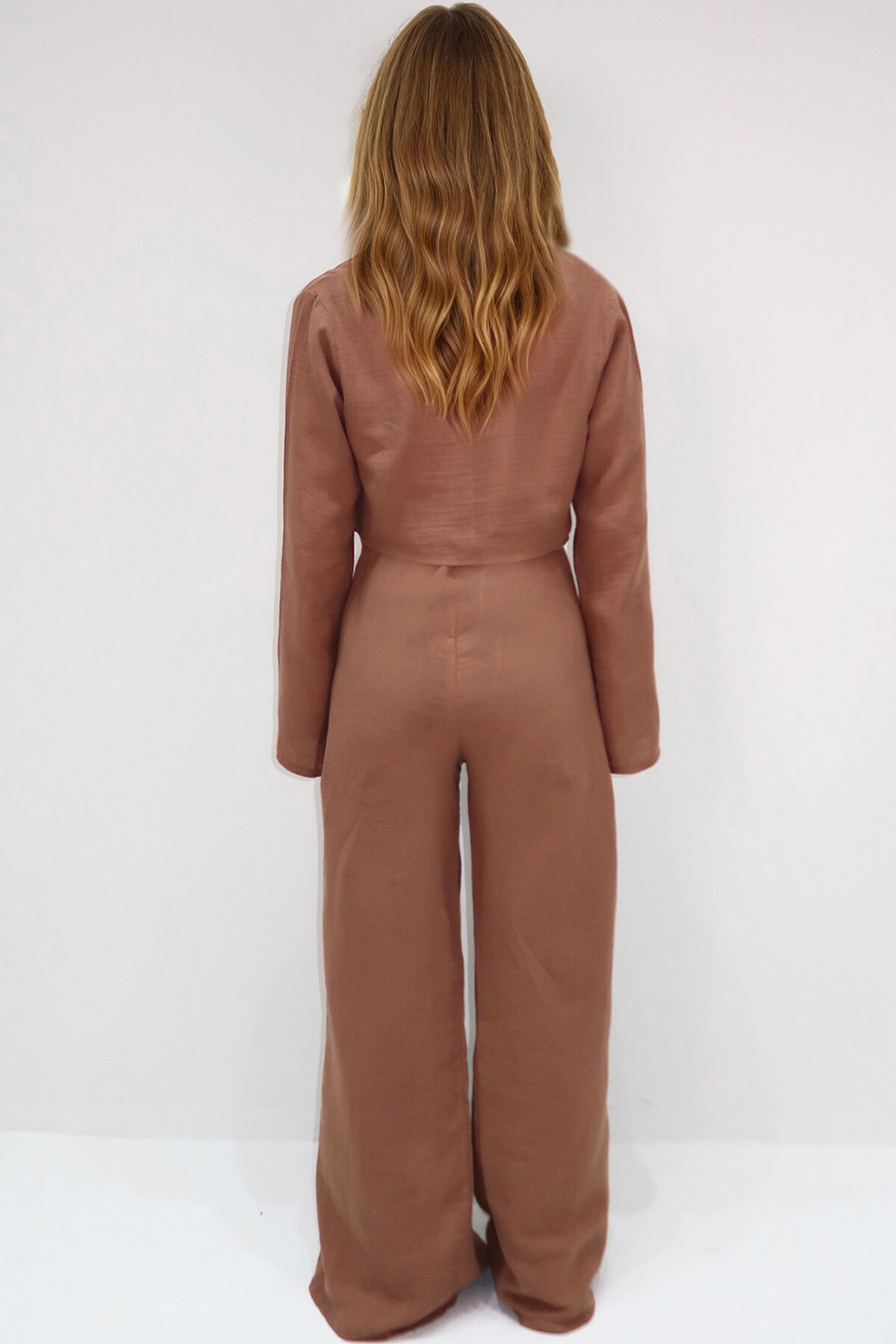 Vizon Beli Lastikli Çift Cepli Yırtmaç Detaylı Pantolon Ve Bağlama Detaylı Crop Bluz Müslin Takım