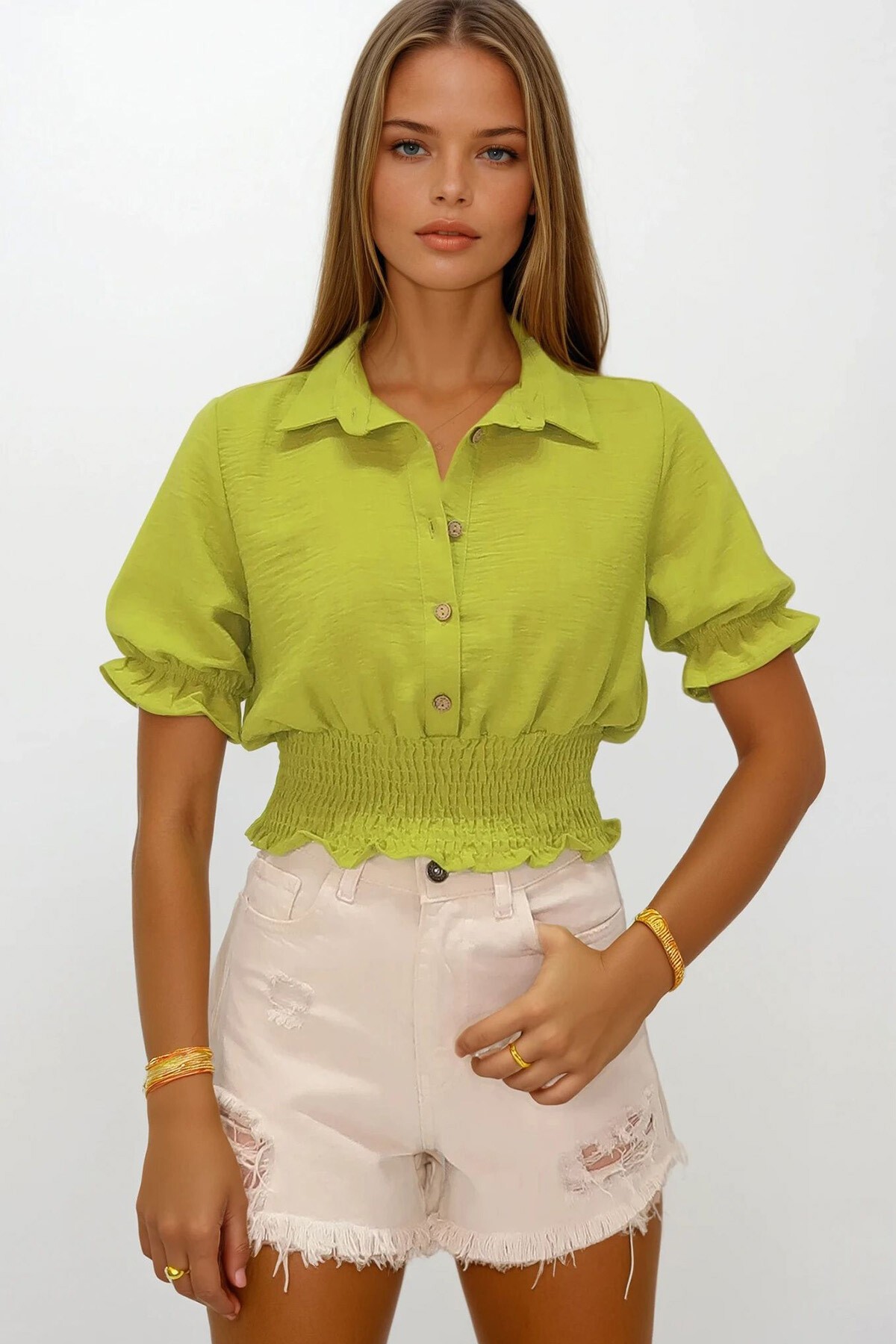 Yağ Yeşili Beli Lastikli Düğme Kapamalı Gömlek Yaka Bluz