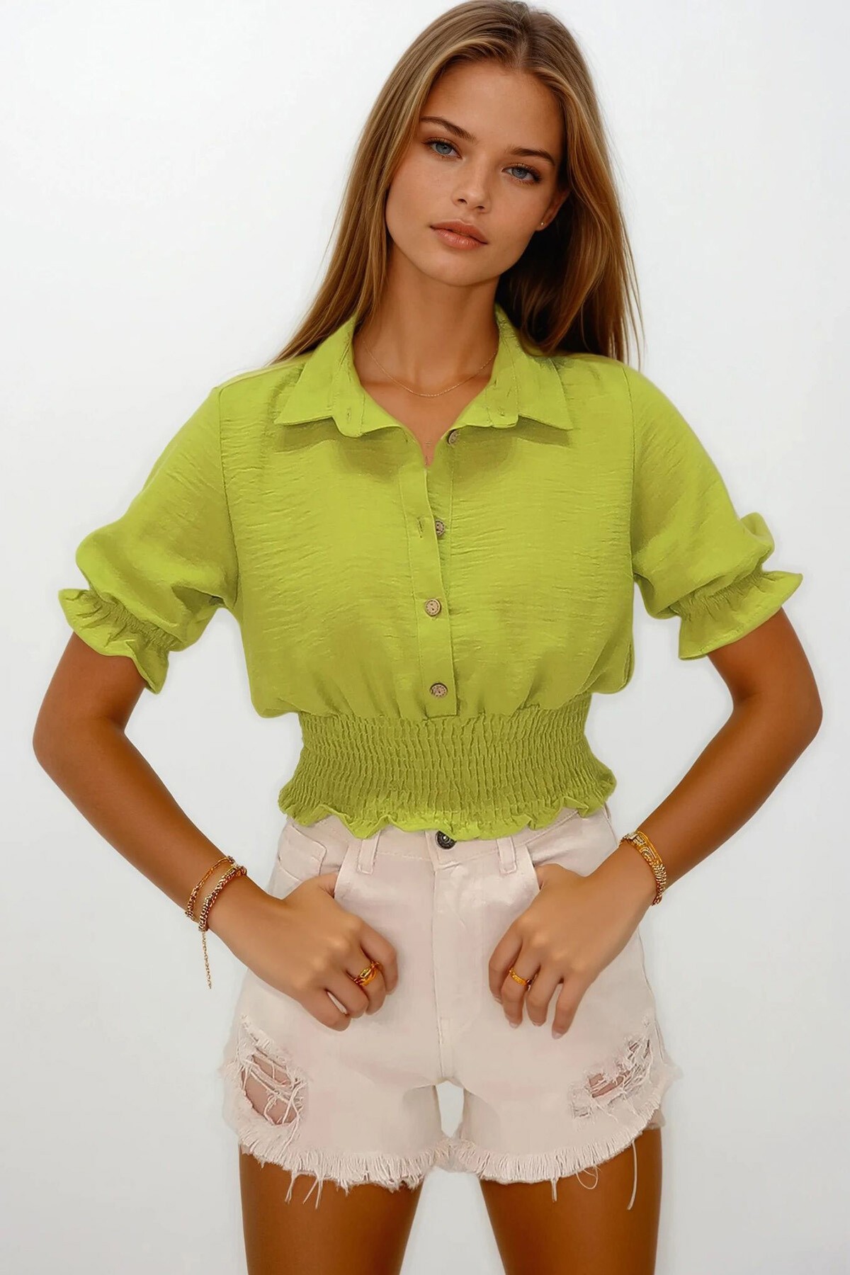 Yağ Yeşili Beli Lastikli Düğme Kapamalı Gömlek Yaka Bluz