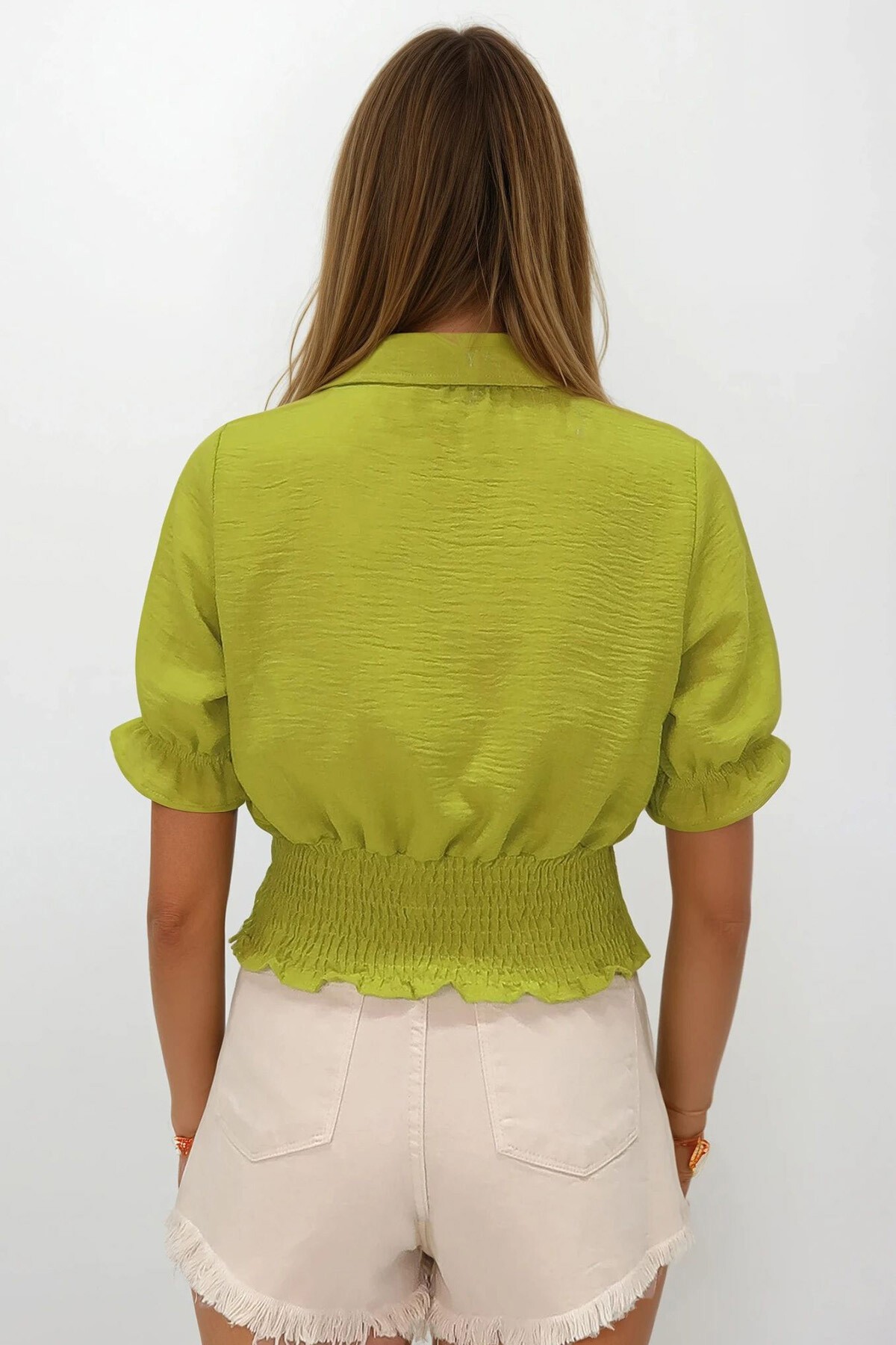 Yağ Yeşili Beli Lastikli Düğme Kapamalı Gömlek Yaka Bluz