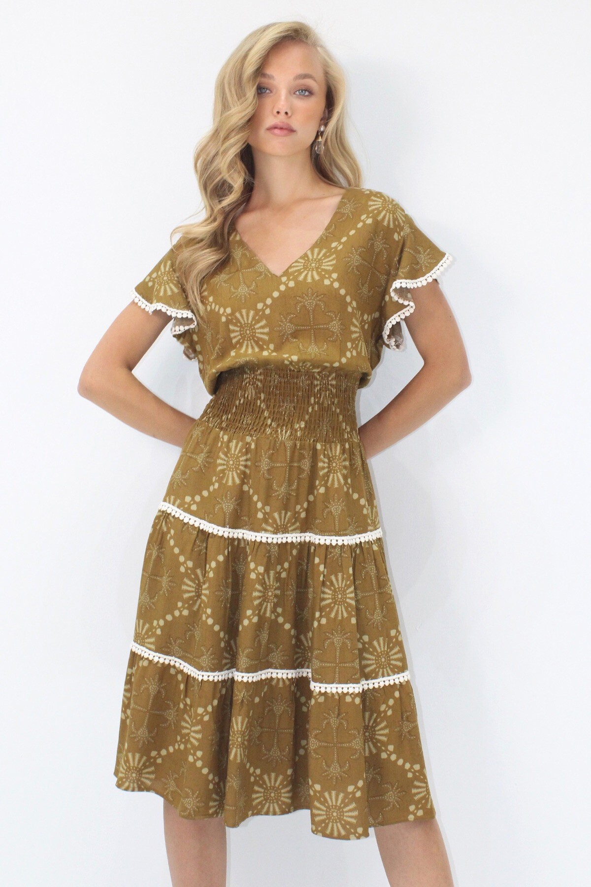 Yağ Yeşili V Yaka Etnik Desenli Fisto Detaylı Beli Gipeli Dokuma Elbise