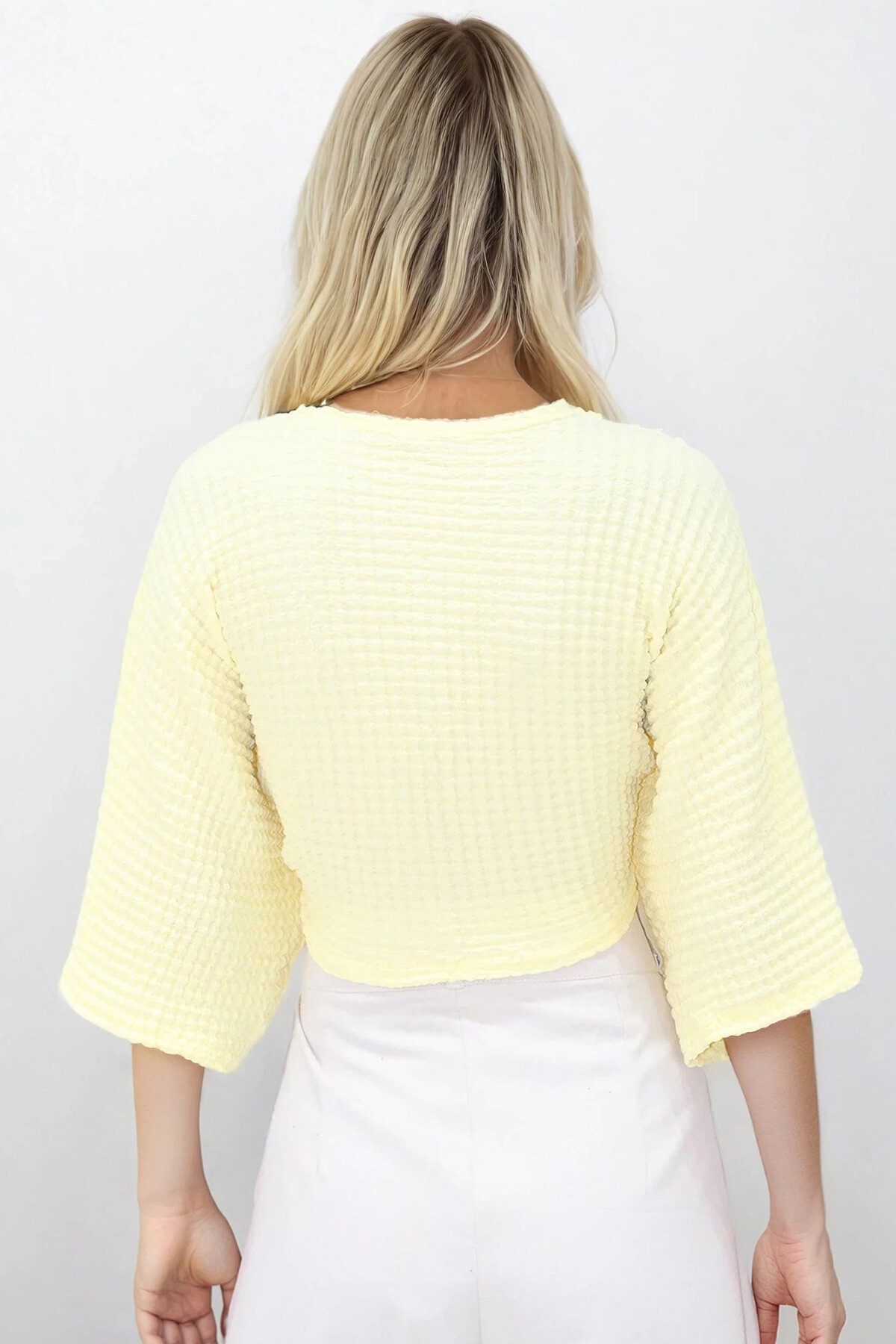 Sarı Yarasa Kol Bağlama Detaylı Bürümcük Crop Bluz