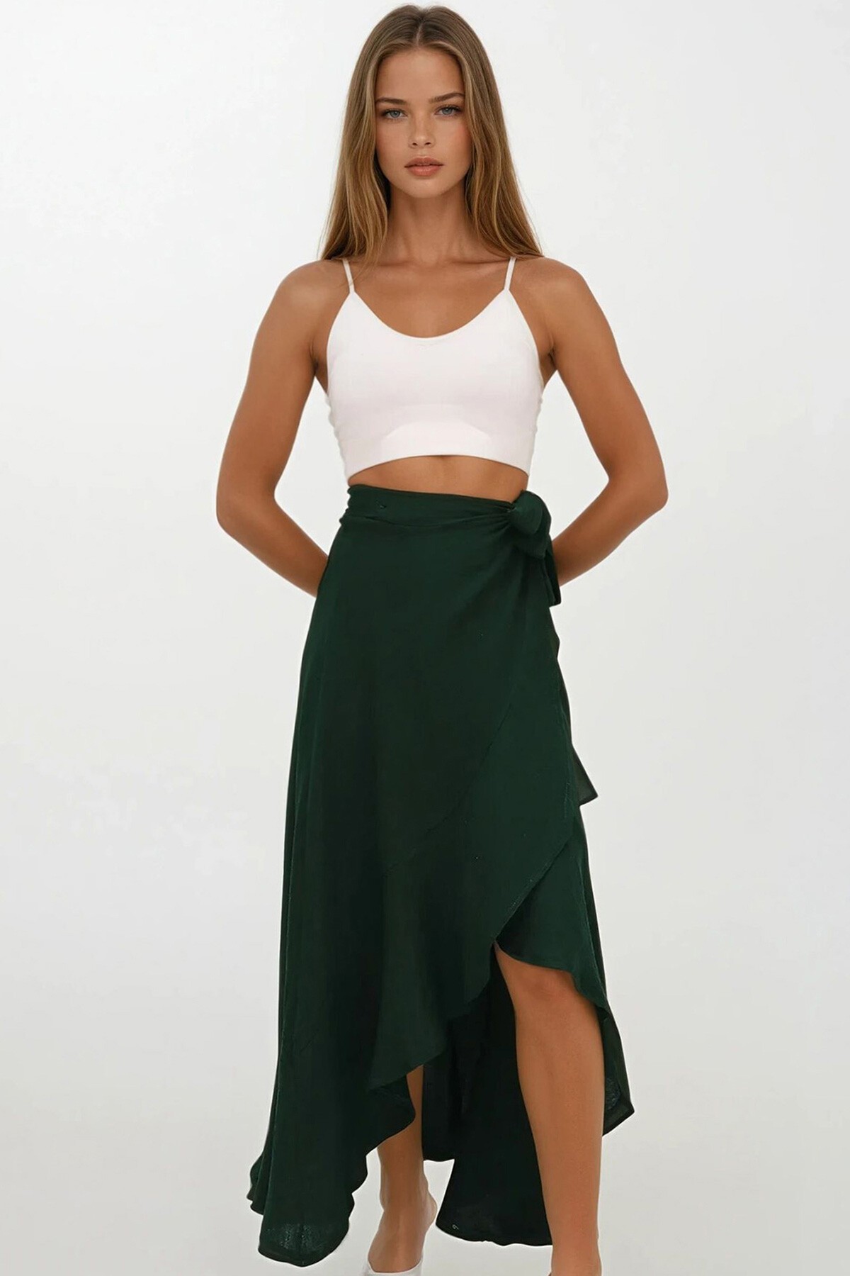 Yeşil Asimetrik Kesim Düğme Kapamalı Müslin Etek