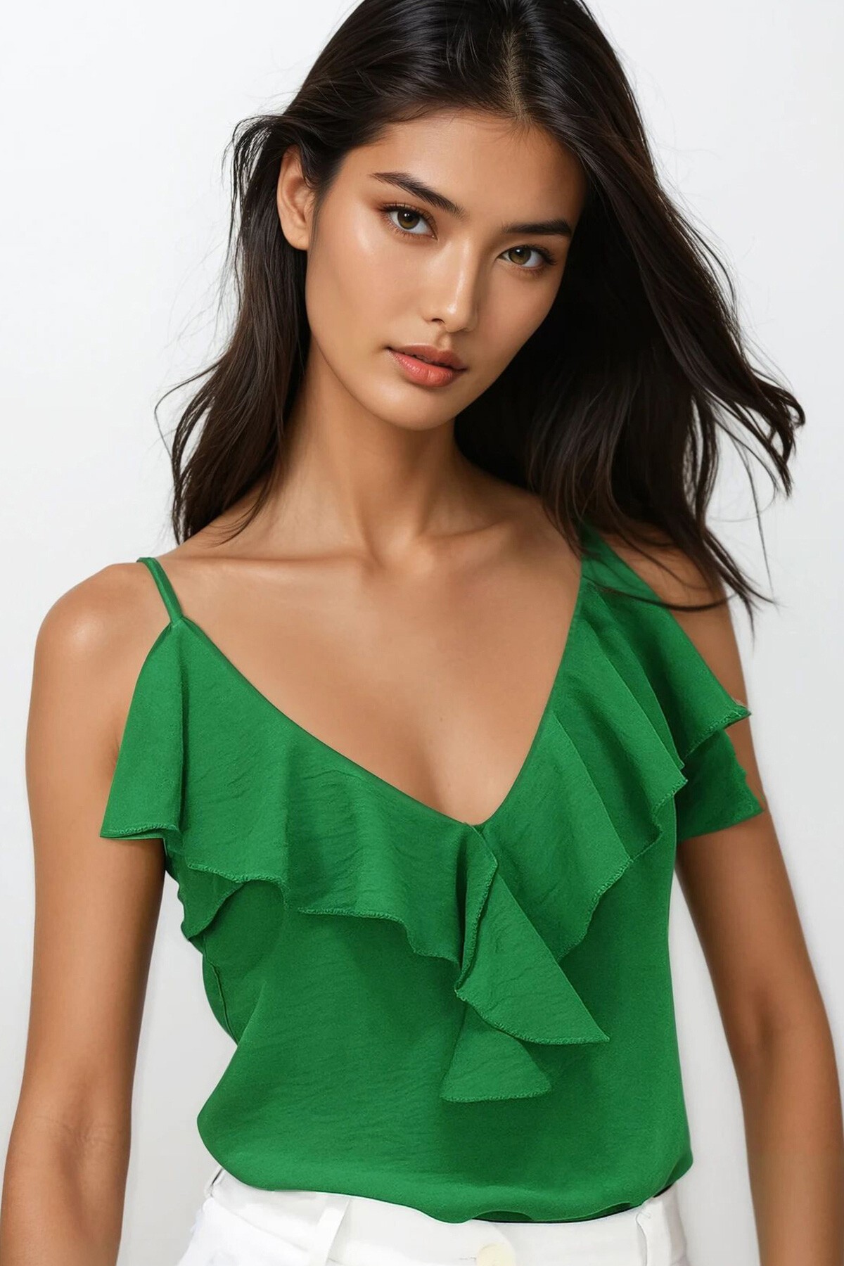 Yeşil Ayarlanabilir Askılı Önü Fırfırlı Aerobin Bluz