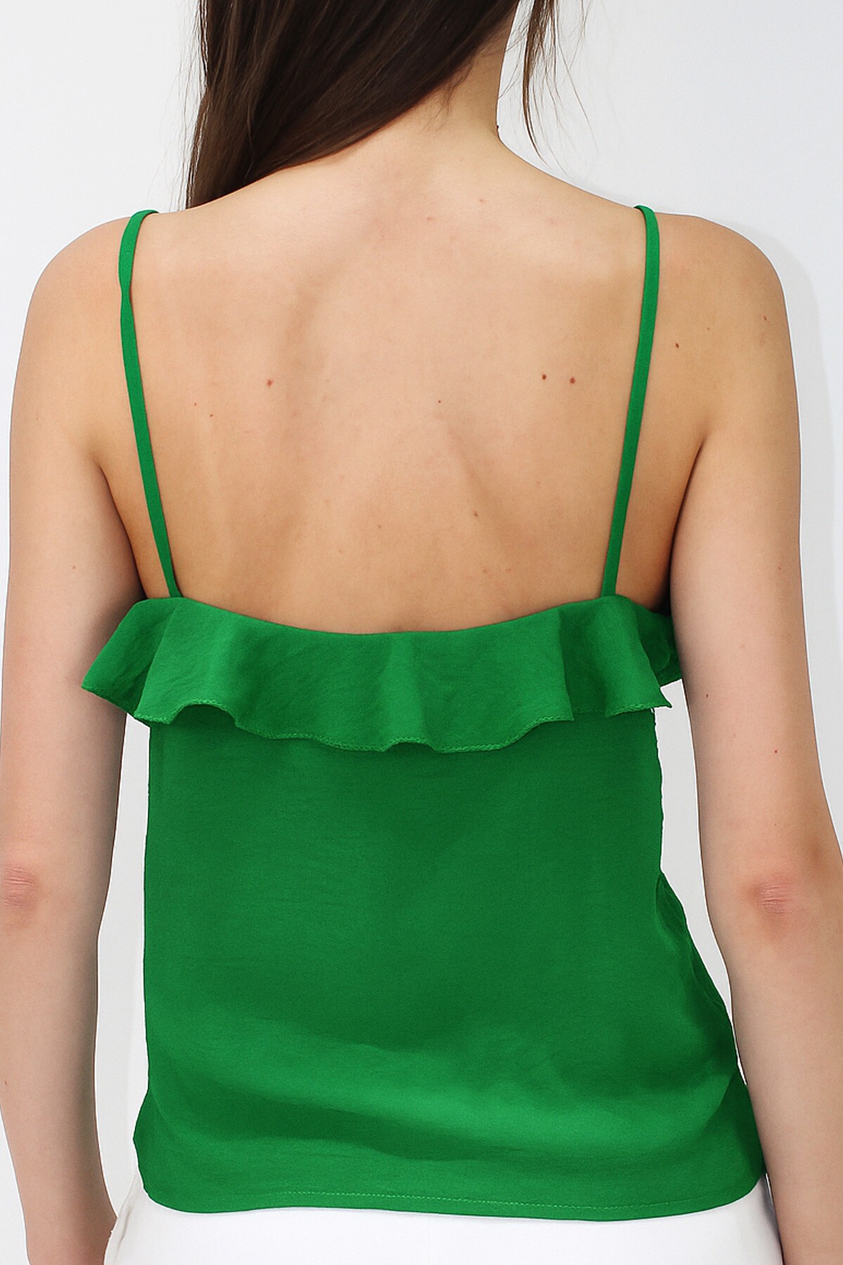 Yeşil Ayarlanabilir Askılı Önü Fırfırlı Aerobin Bluz