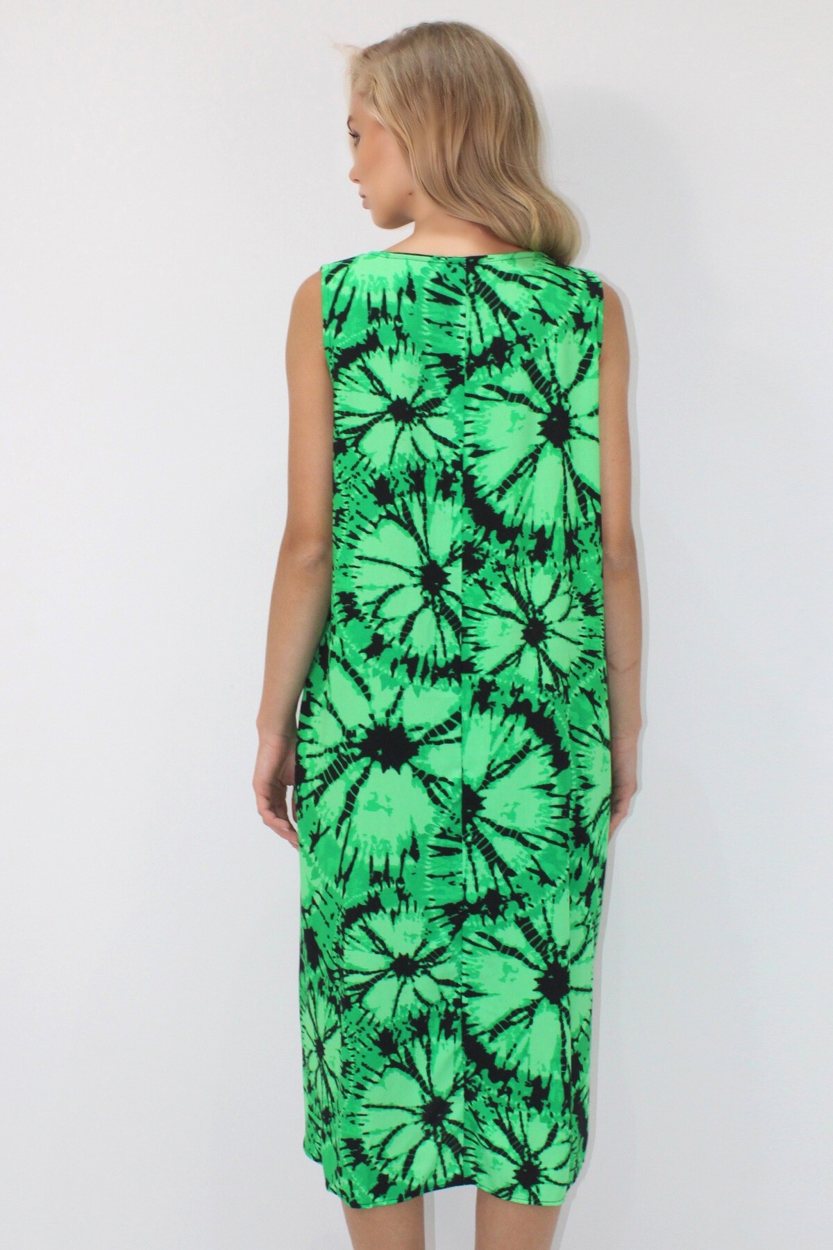 Yeşil Bisiklet Yaka Çift Cepli Batik Desenli A Form Midi Boy Dokuma Viskon Elbise