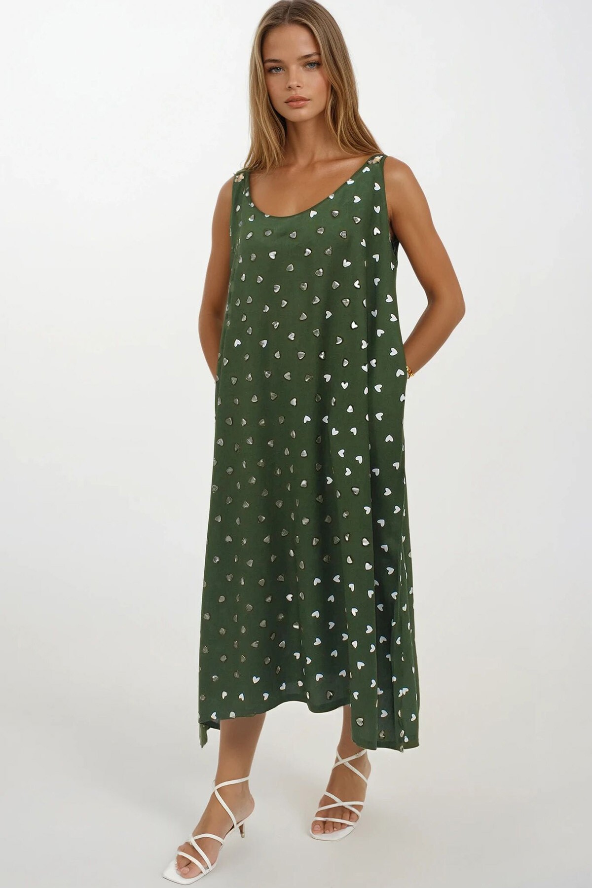 Yeşil Çift Cepli Rahat Kesim Desenli Elbise