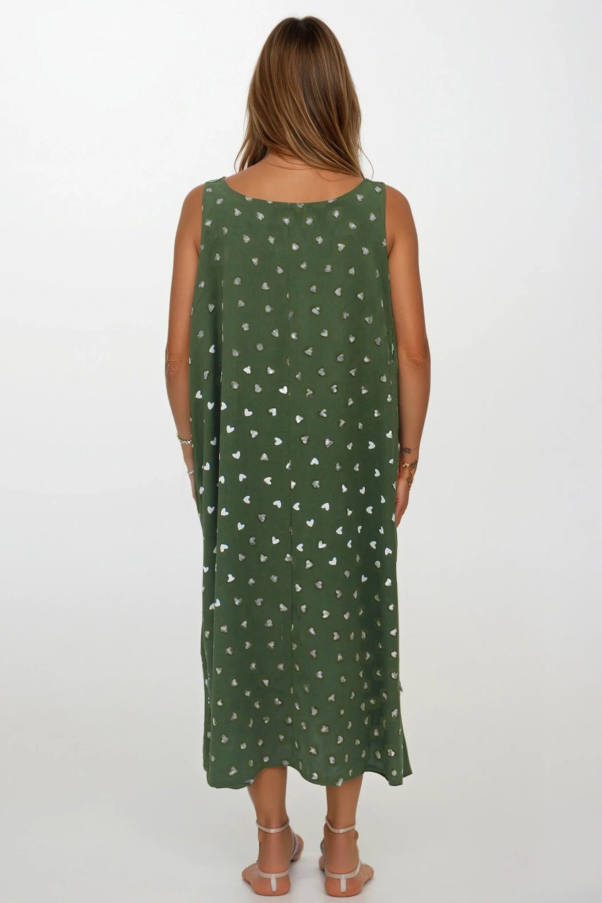 Yeşil Çift Cepli Rahat Kesim Desenli Elbise