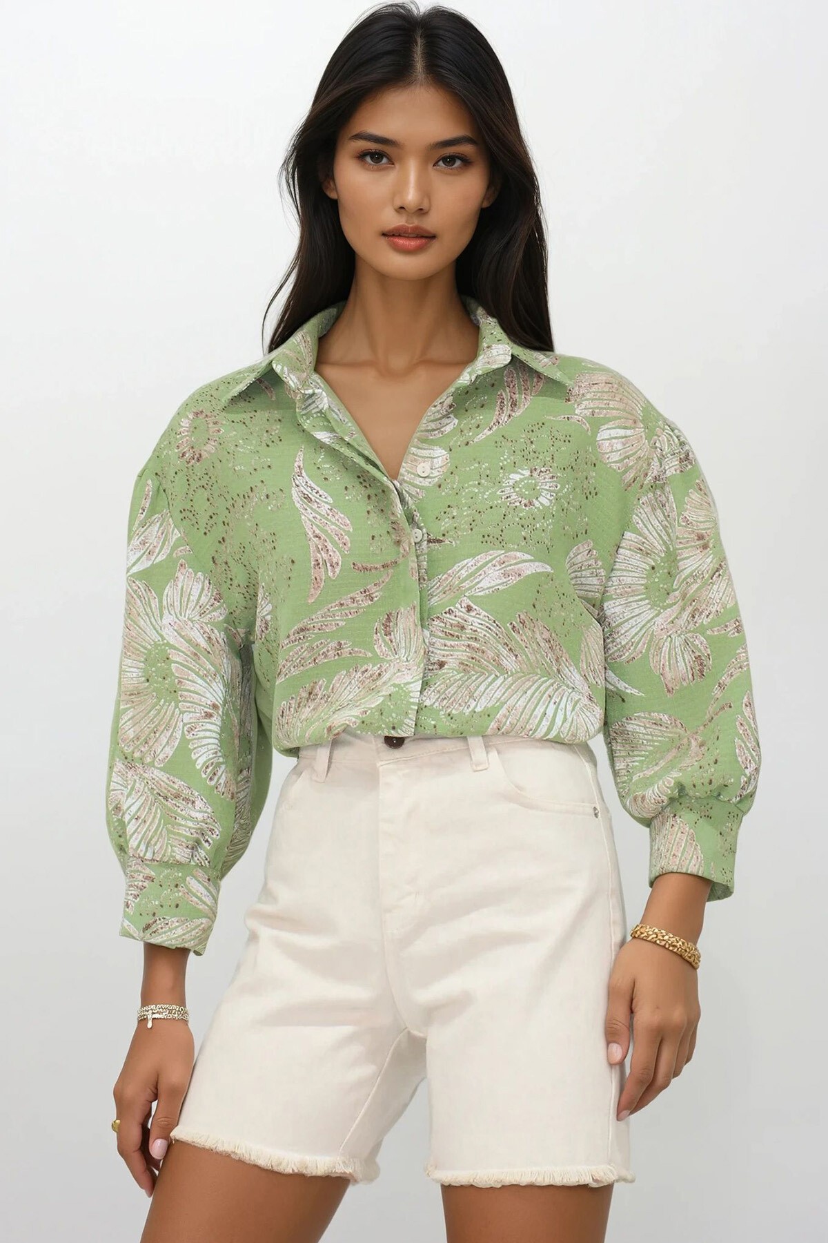 Yeşil Desenli Balon Kol Gizli Patlı Gömlek