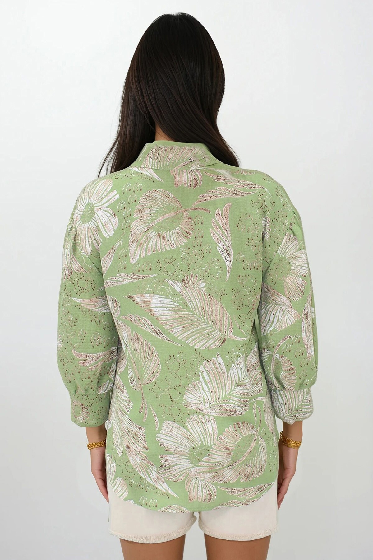 Yeşil Desenli Balon Kol Gizli Patlı Gömlek