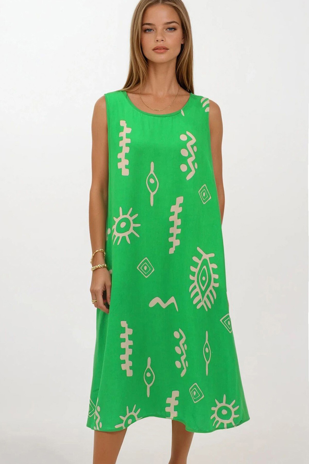 Yeşil Desenli Çift Cepli Kolsuz Rahat Kesim Elbise