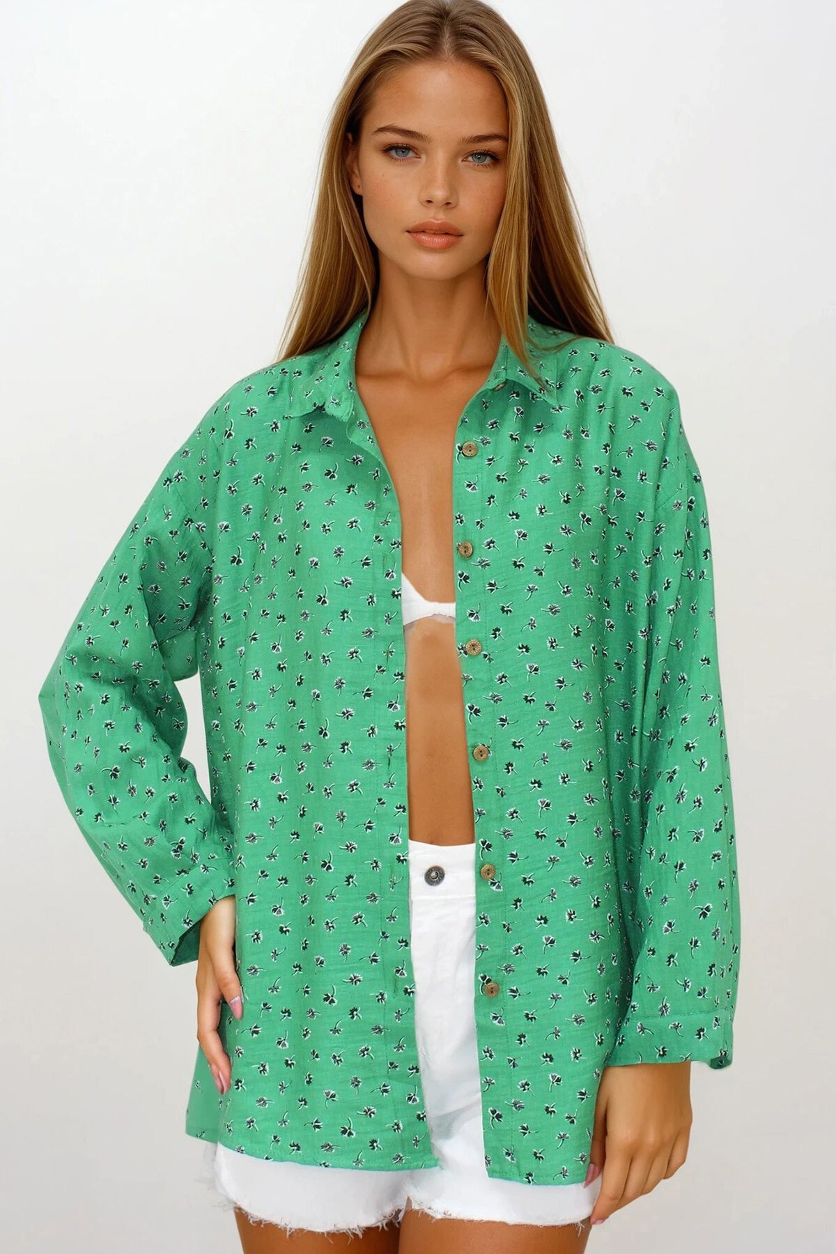 Yeşil Desenli Oversize Keten Gömlek