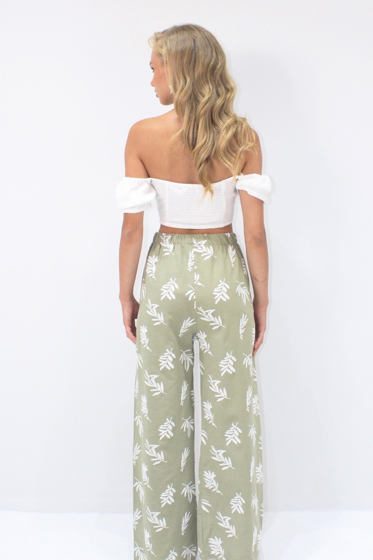 Yeşil Flok Baskılı Palazzo Keten Pantolon