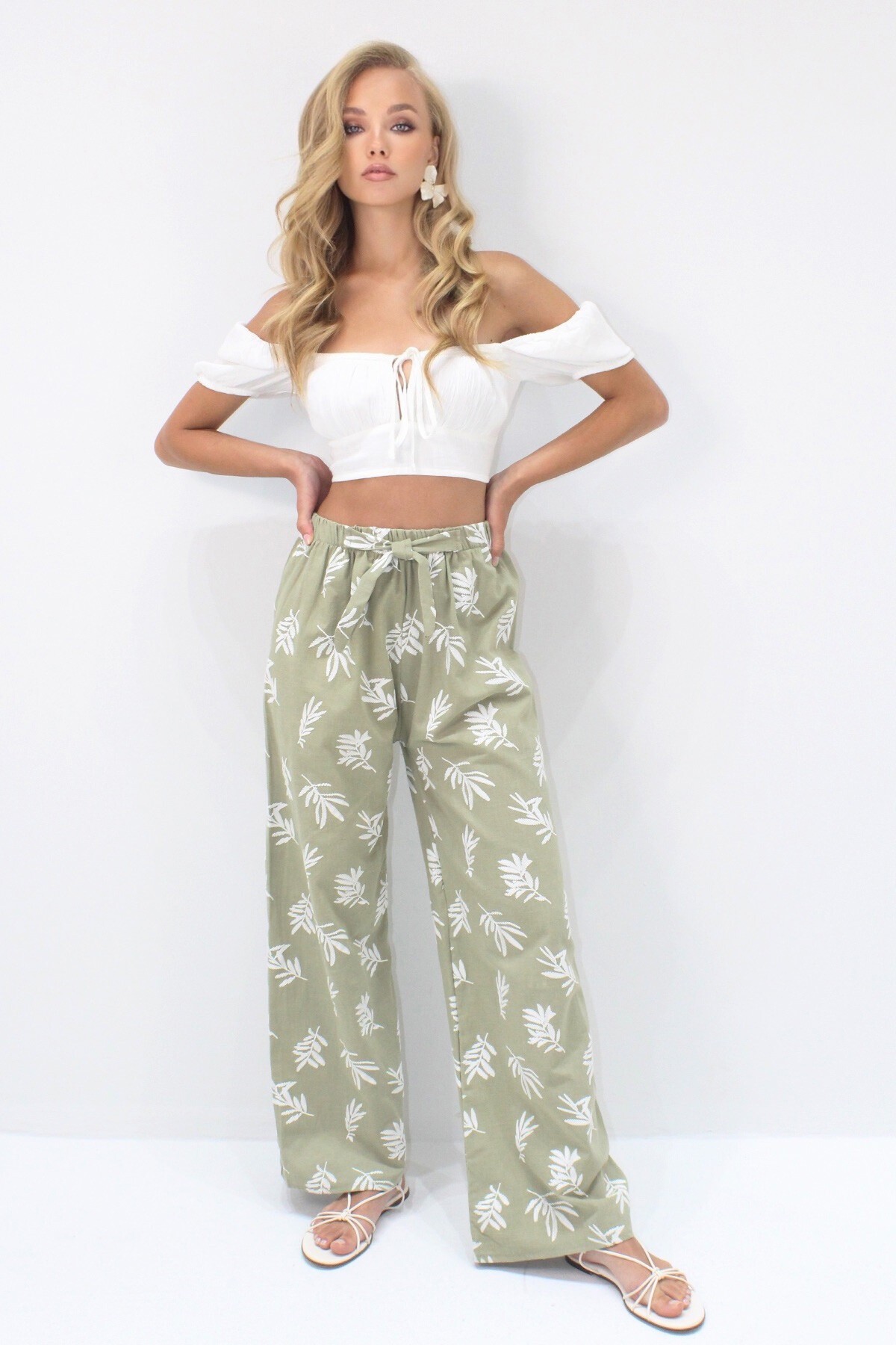 Yeşil Flok Baskılı Palazzo Keten Pantolon