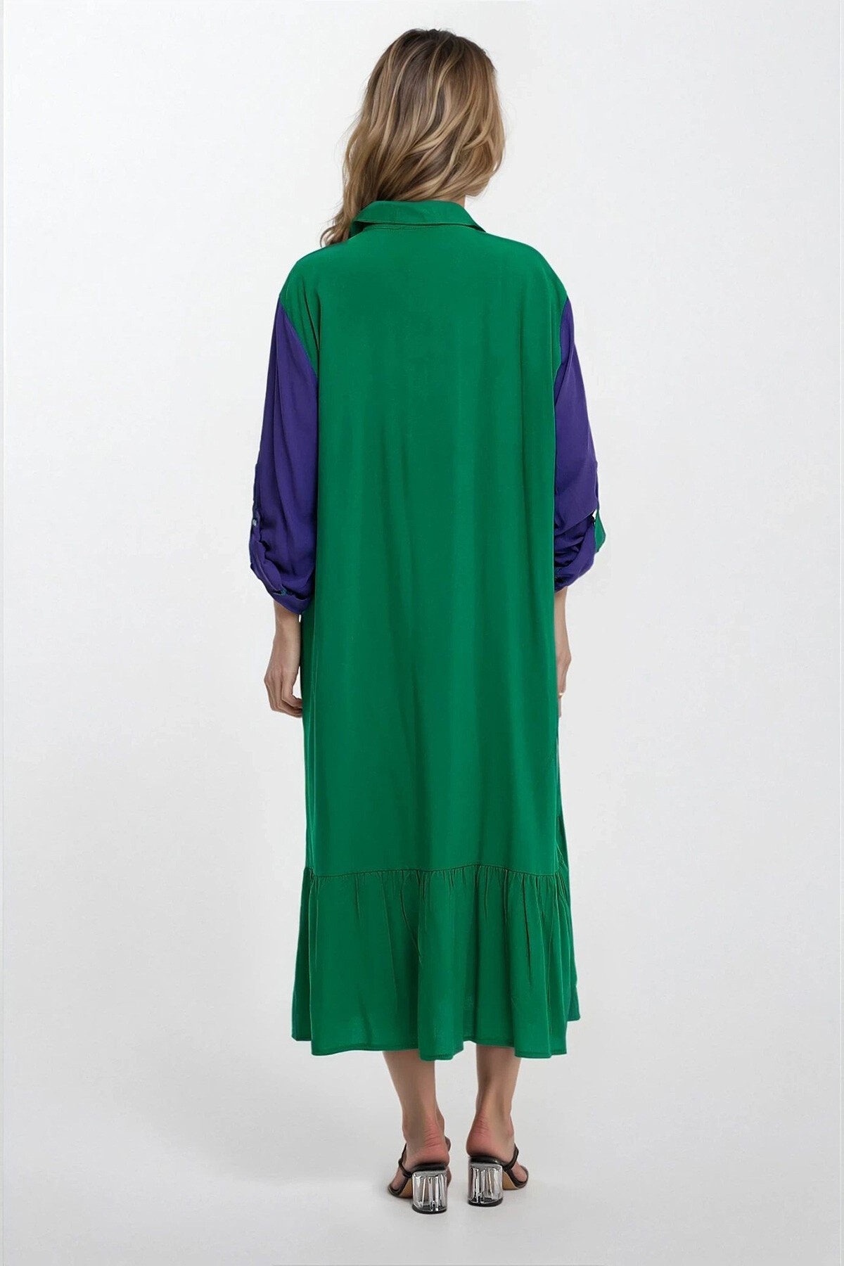 Yeşil Gömlek Yaka Renk Bloklu Çiçek Nakışlı Büyük Beden Gömlek Elbise