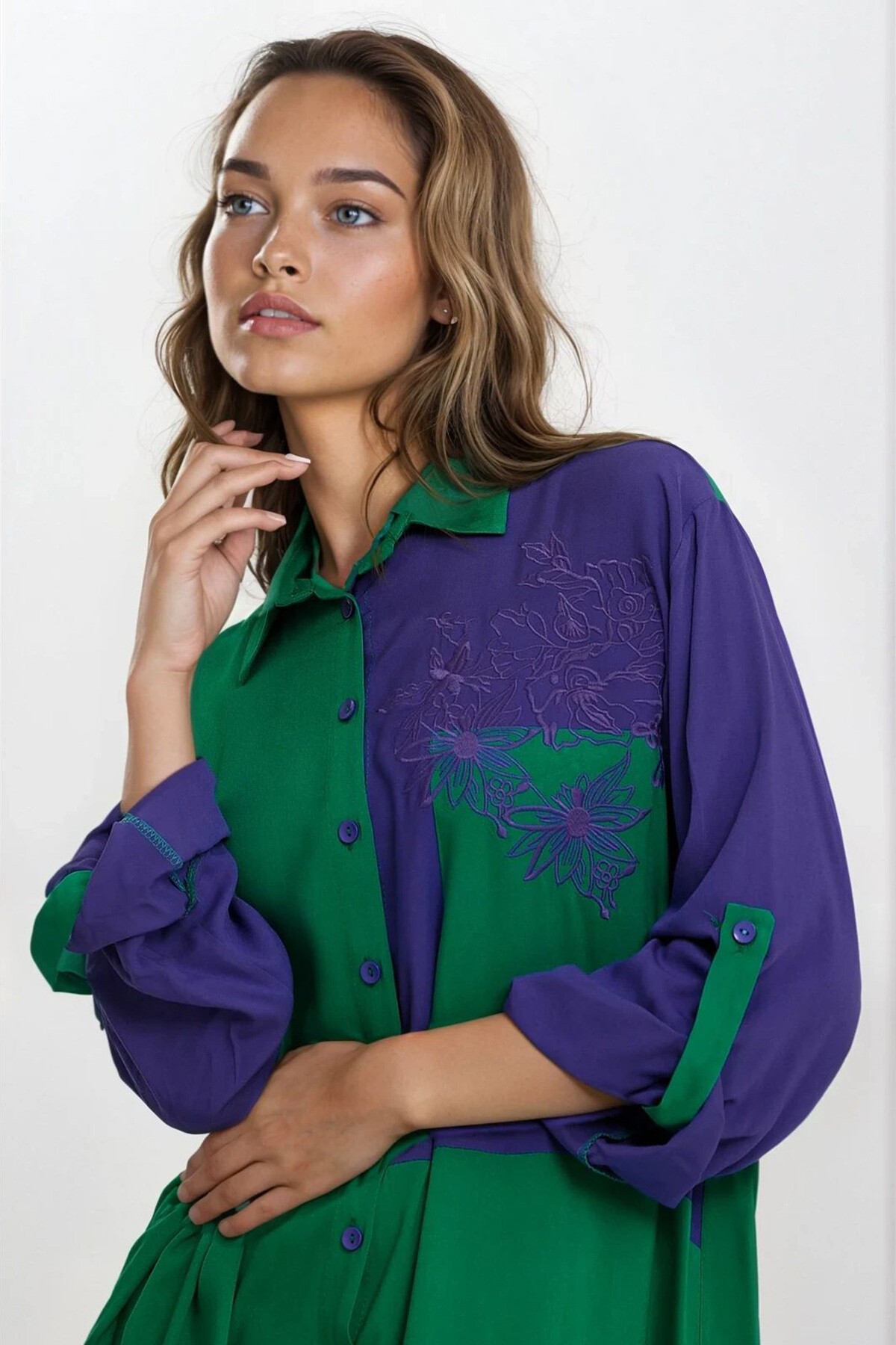 Yeşil Gömlek Yaka Renk Bloklu Çiçek Nakışlı Büyük Beden Gömlek Elbise