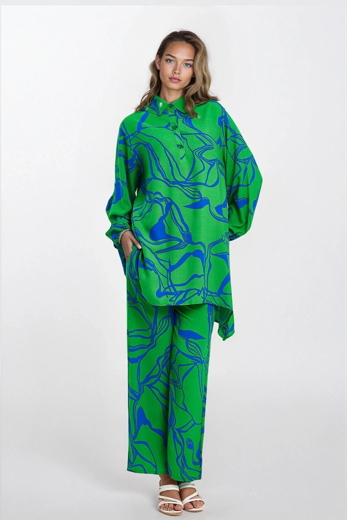 Yeşil Gömlek Yaka Yarım Patlı Tunik Ve Beli Lastikli Pantolon Büyük Beden Alt Üst Takım