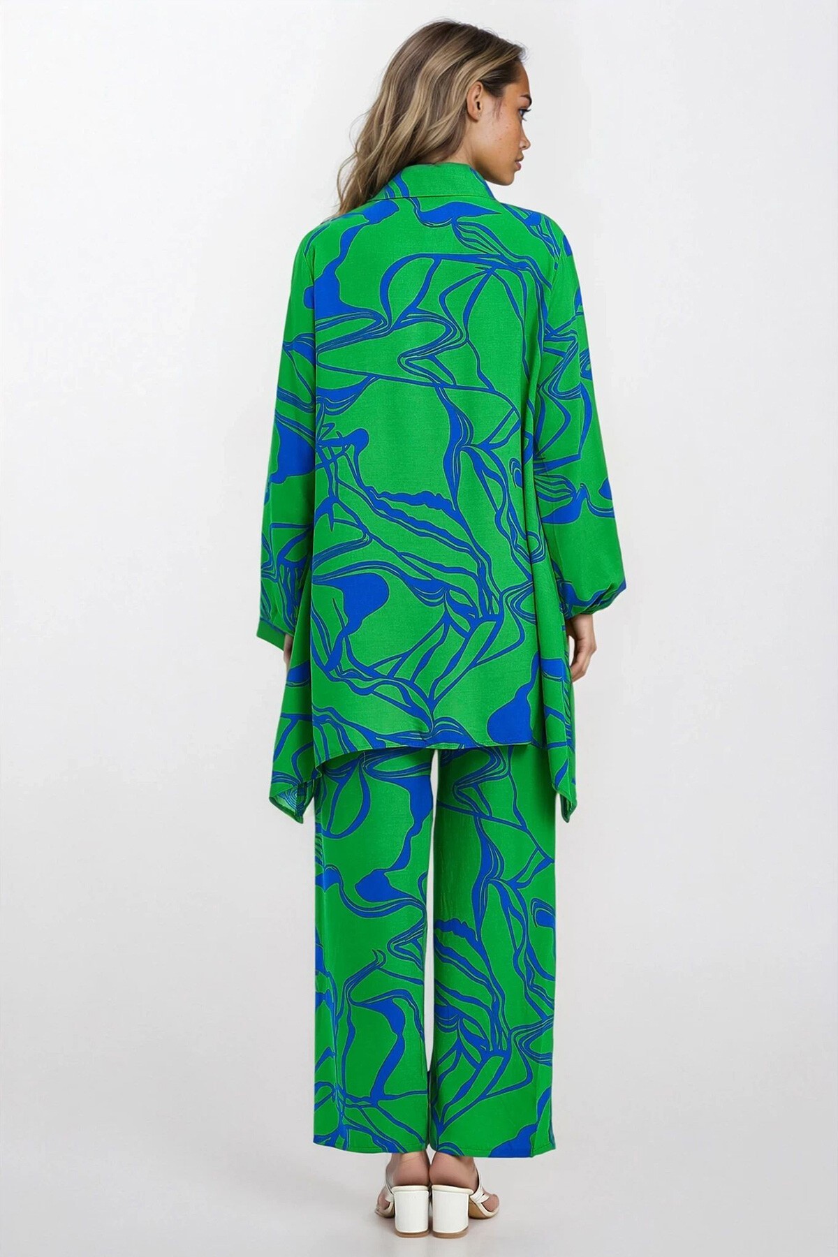 Yeşil Gömlek Yaka Yarım Patlı Tunik Ve Beli Lastikli Pantolon Büyük Beden Alt Üst Takım