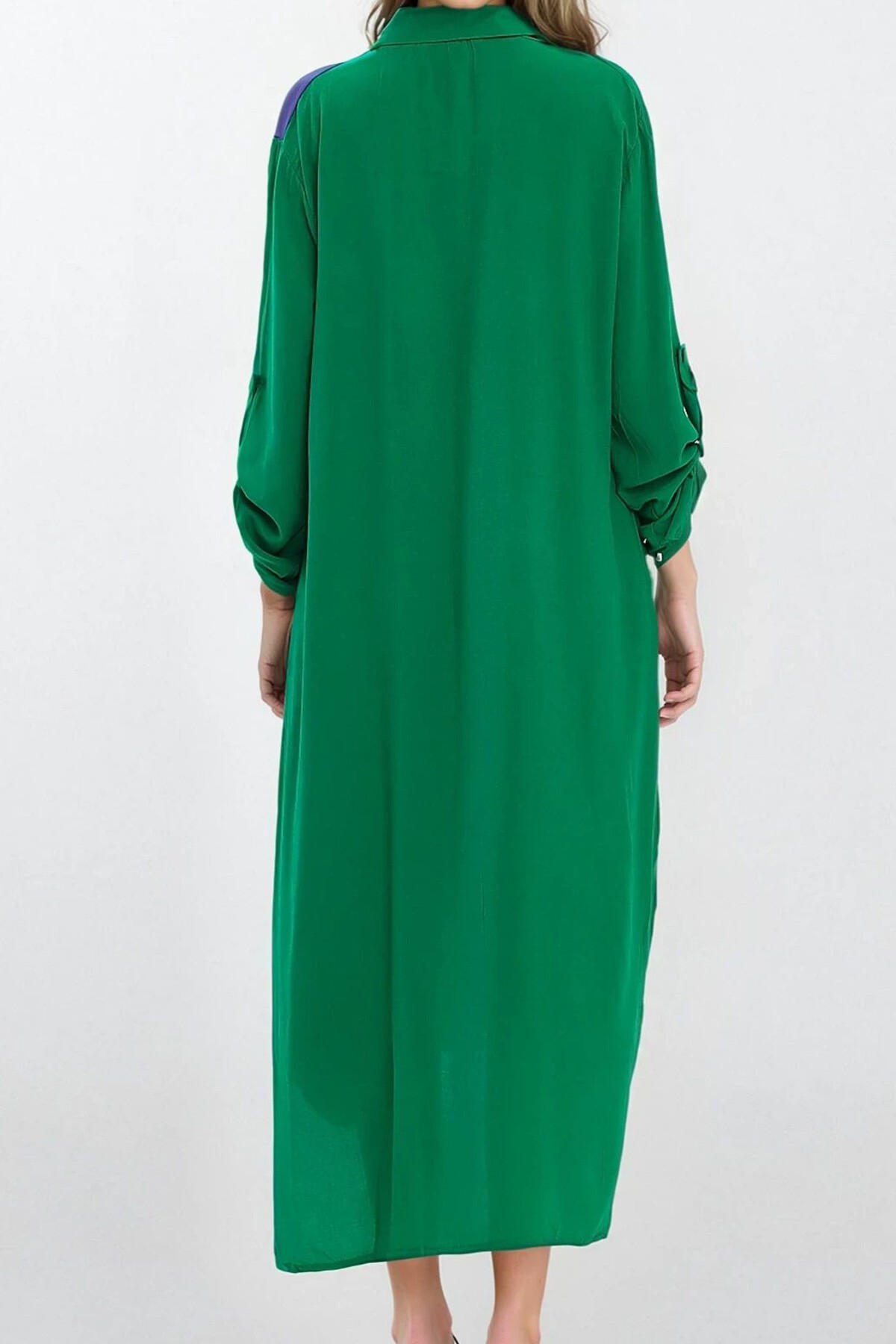 Yeşil Gömlek Yaka Yırtmaç Detaylı Büyük Beden Gömlek Elbise